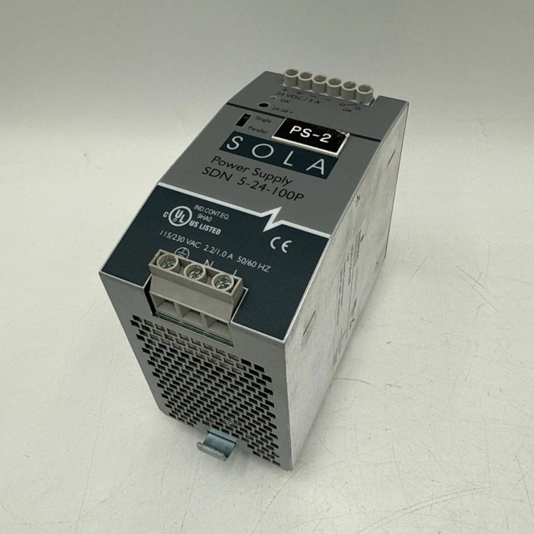 SOLA SDN 5-24-100P Power Supply 115/230VAC 2.2/1.0A 24VDC 5A DIN Rail Mount Used