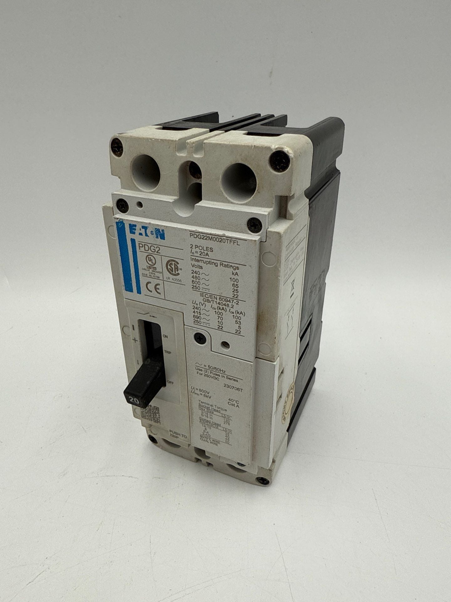 Eaton PDG22M0020TFFL Circuit Breaker 20A 600V 2P Bolt On 20 Amp 2 Pole PDG2 Used