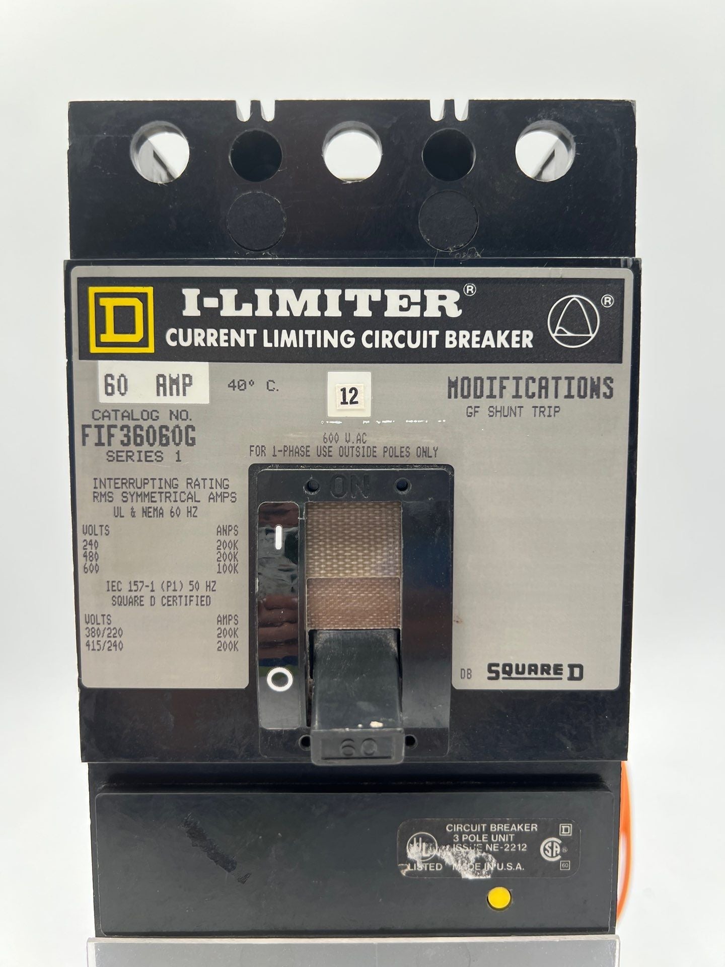 Square D FIF36060G Circuit Breaker 60A 600V 3P 60 Amp Ground Fault GFM100FI Used