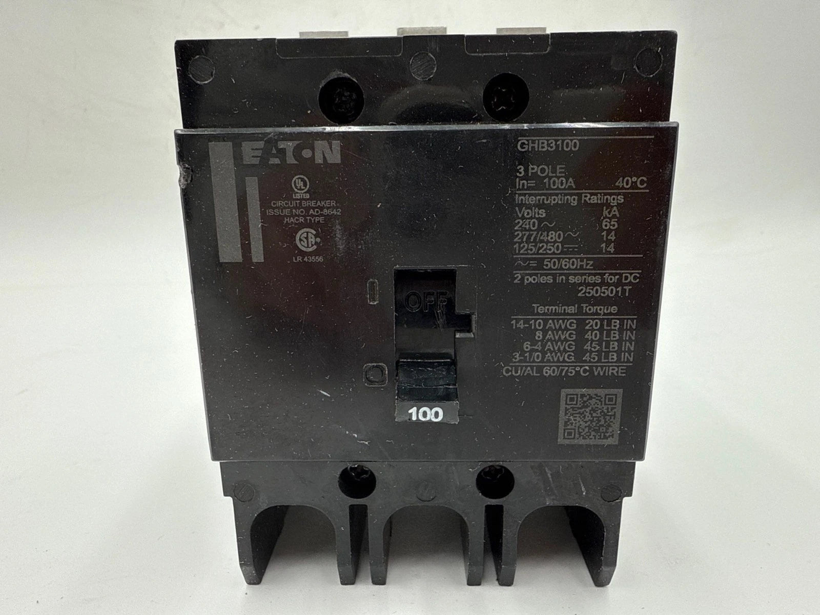 Eaton GHB3100 Circuit Breaker Bolt On 100A 277/480V 3P 14kA 100 Amp 3 Pole NEW Used