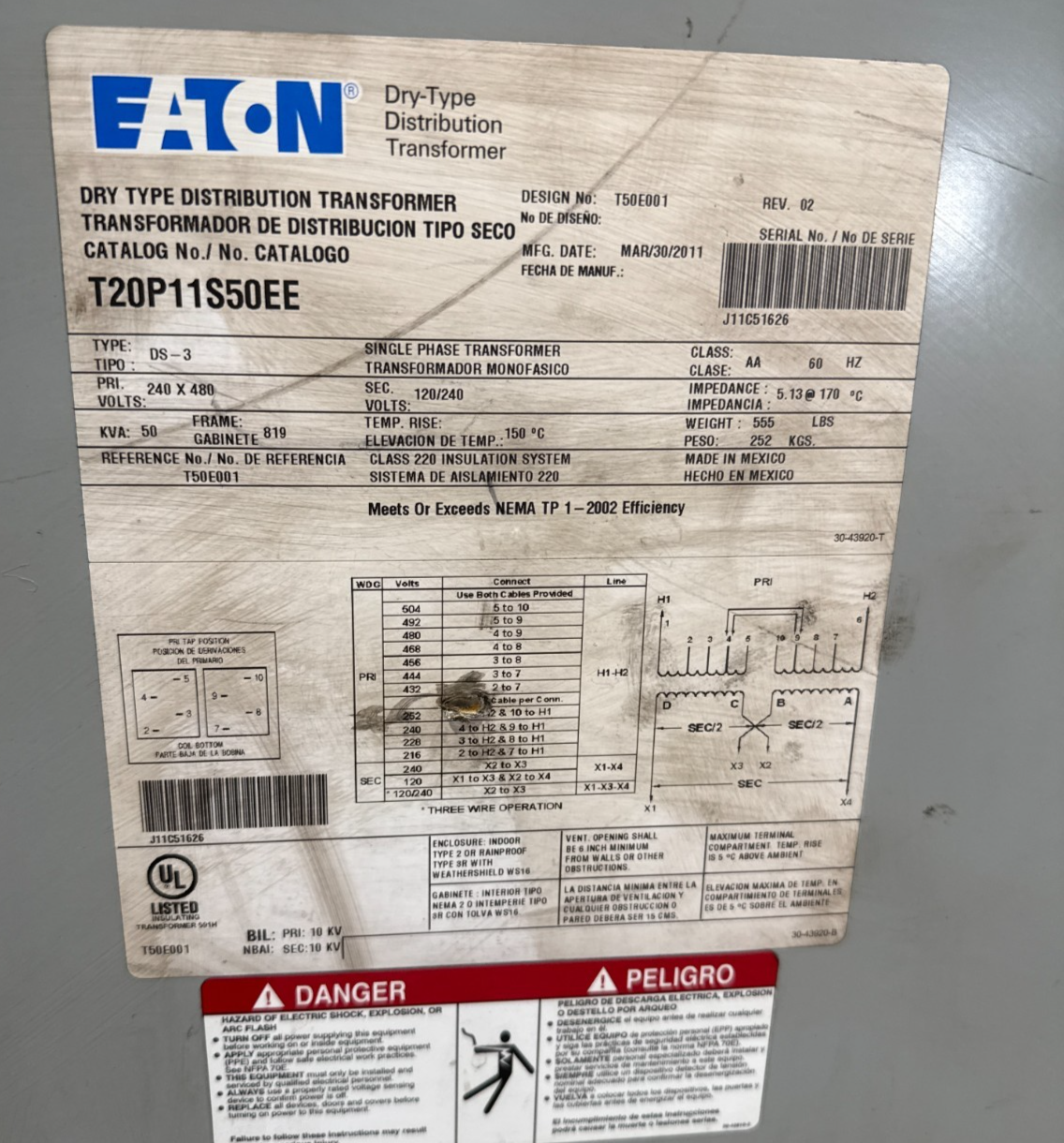 50kVA Eaton T20P11S50EE Transformer Pri 240/480V Sec 120/240V 1PH Indoor Encl Used