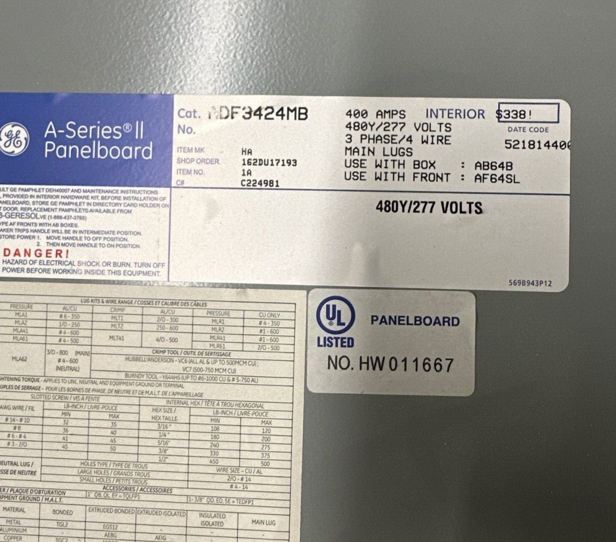 GE ADF3424MB Panelboard 400A 480Y/277V 3PH 4W 42 Cir Main Lug MLO Indoor Encl P120 Used