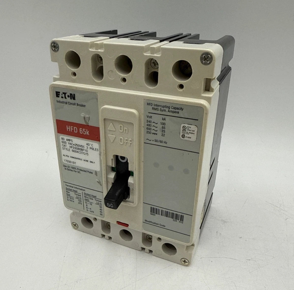 Eaton HFD3080BP10 Circuit Breaker 80A 3P 600V 3PH HFD 65k 80 Amp 3 Pole Used