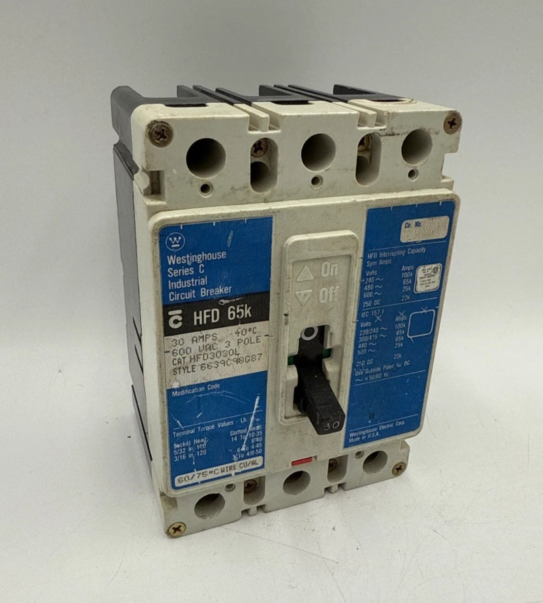 Westinghouse HFD3030L Circuit Breaker 30A 3P 600V 3PH HFD Bolt On 30 Amp 3 Pole Used