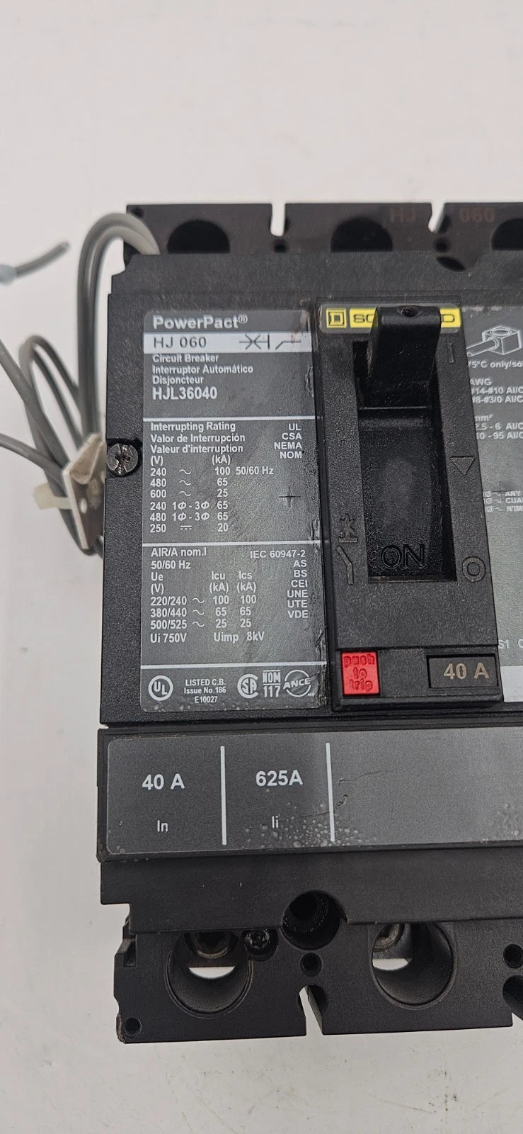 Square D HJL36040 Circuit Breaker 40A 3P 600V HJL 40 Amp 3 Pole PowerPact HJ 060 Used