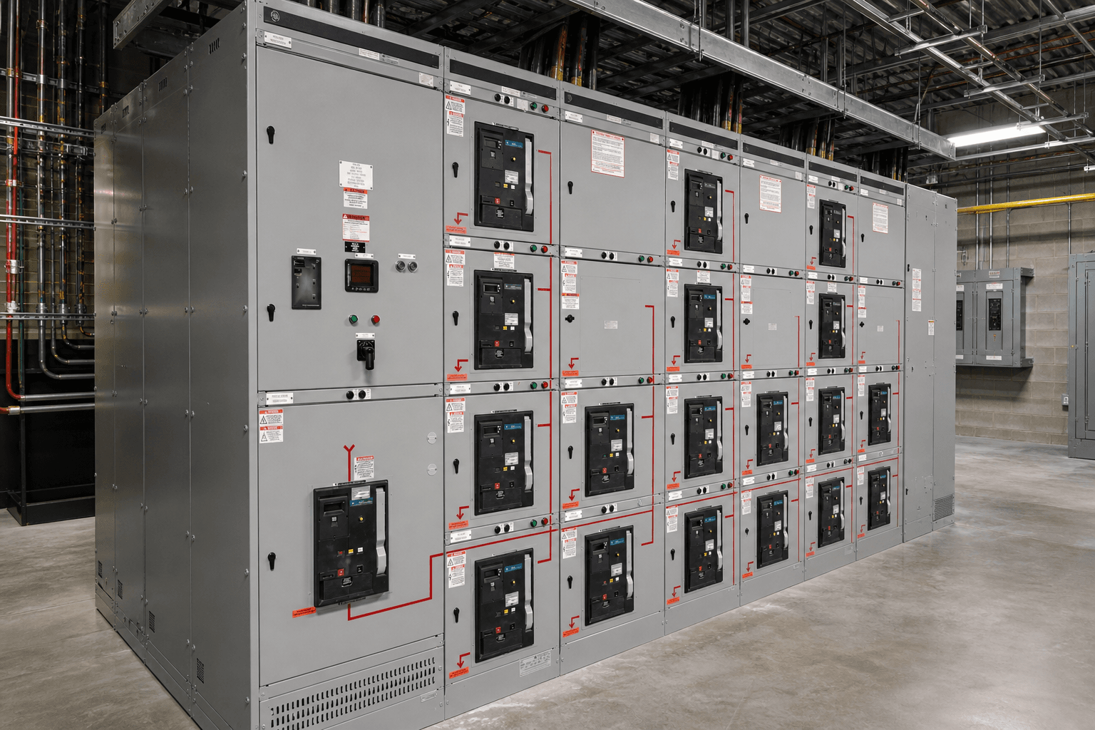 Commercial switchgear lineup in an active electrical room