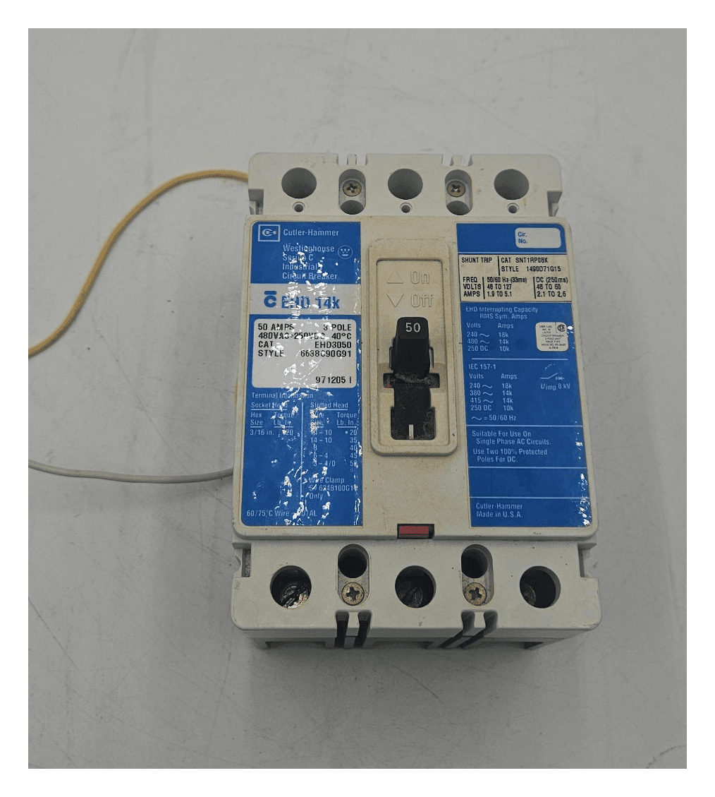 Cutler-Hammer EHD3050 Circuit Breaker 50A 480V 3P with Shunt Trip – image 1