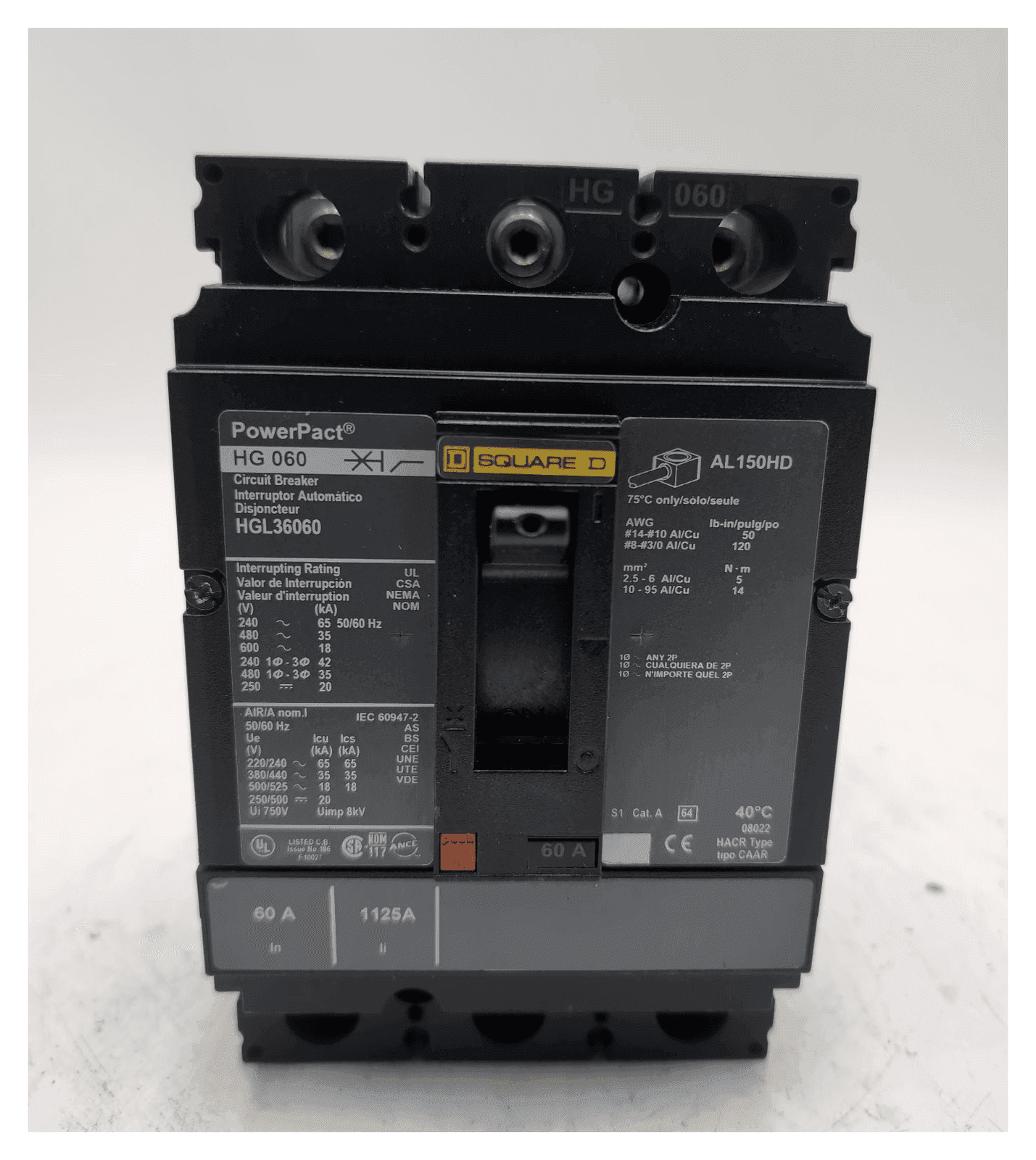 Square D HGL36060 Circuit Breaker 60A 600V 3P Used