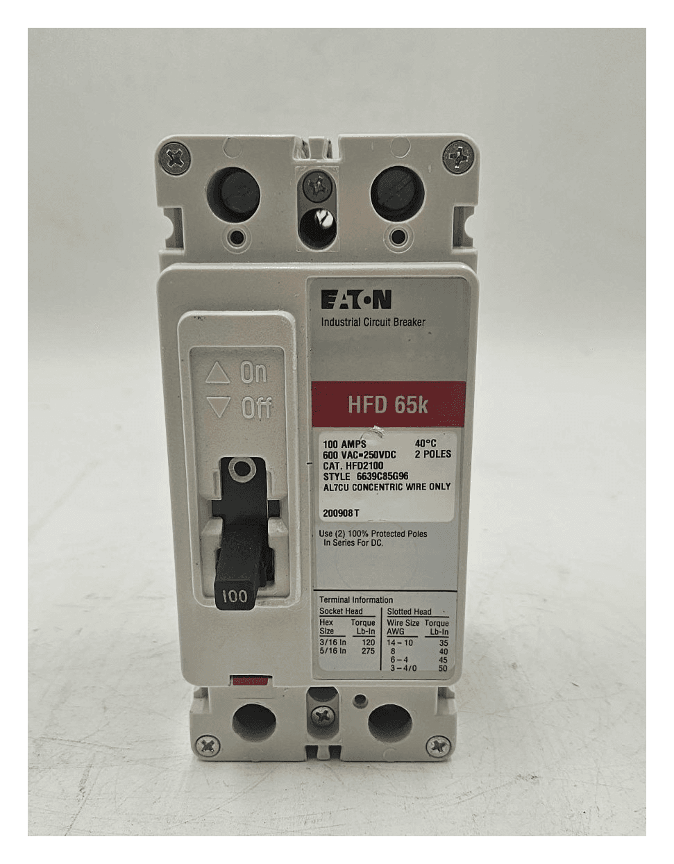Eaton HFD2 Circuit Breaker 100A 600V 2P Used – image 1