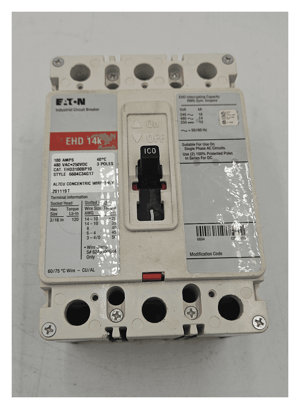 Eaton EHD3100BP10 Circuit Breaker 100A 3P 480V Used