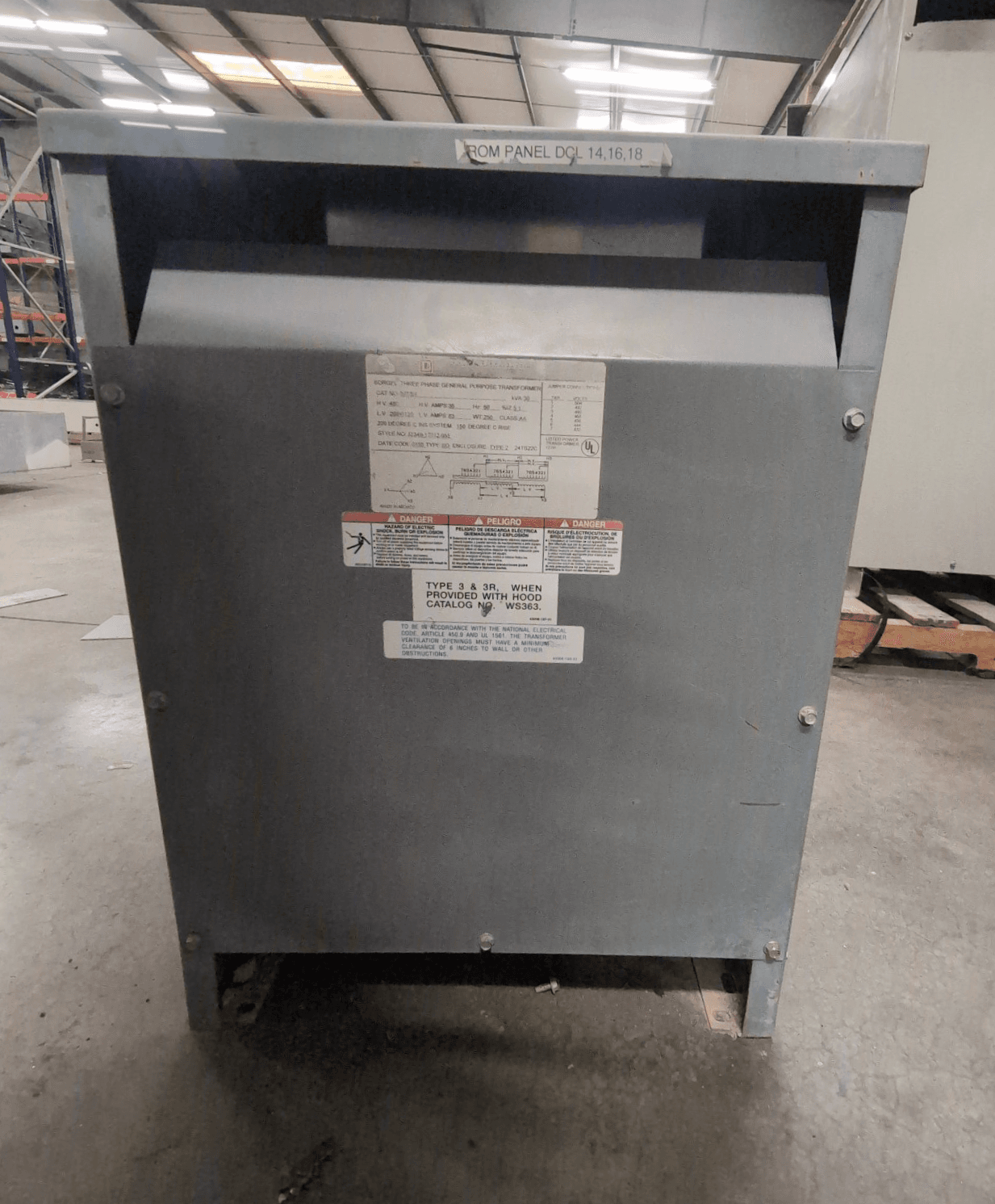 Square D 30T3H 30KVA Transformer 480V/208Y/120V Indoor Enclosure