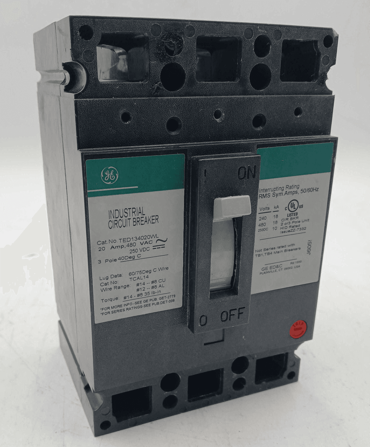 GE TED134020WL Circuit Breaker 20A 3P 480V I-Line – image 1
