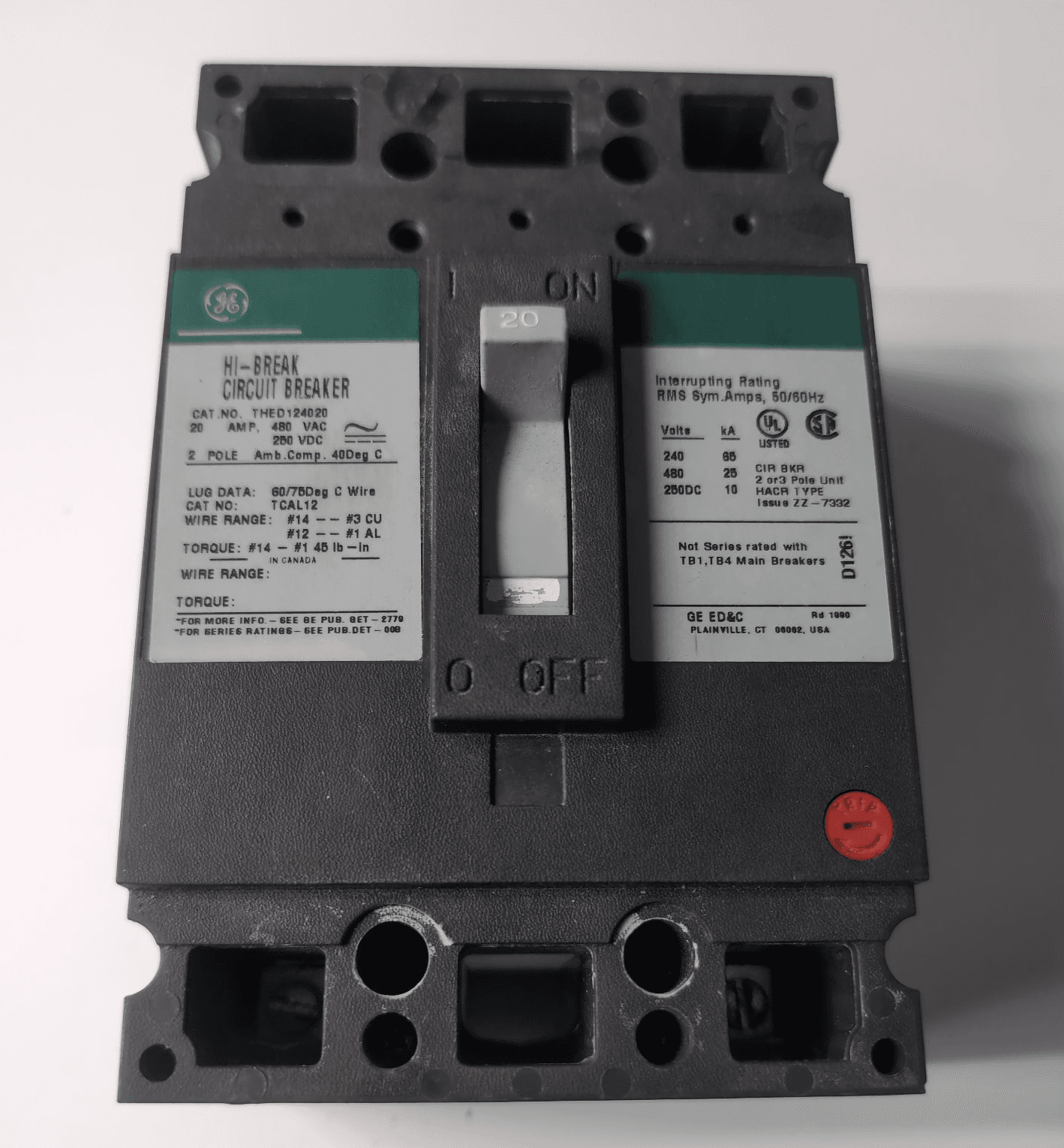 GE THED124020 Circuit Breaker 20A 2P 480V – image 1