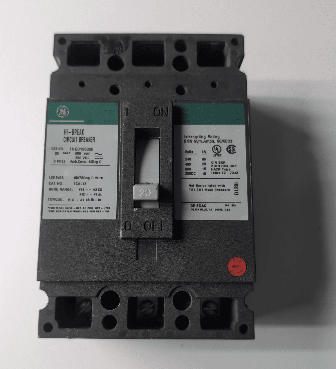 GE THED136020 Circuit Breaker 20A 3P 600V – image 1