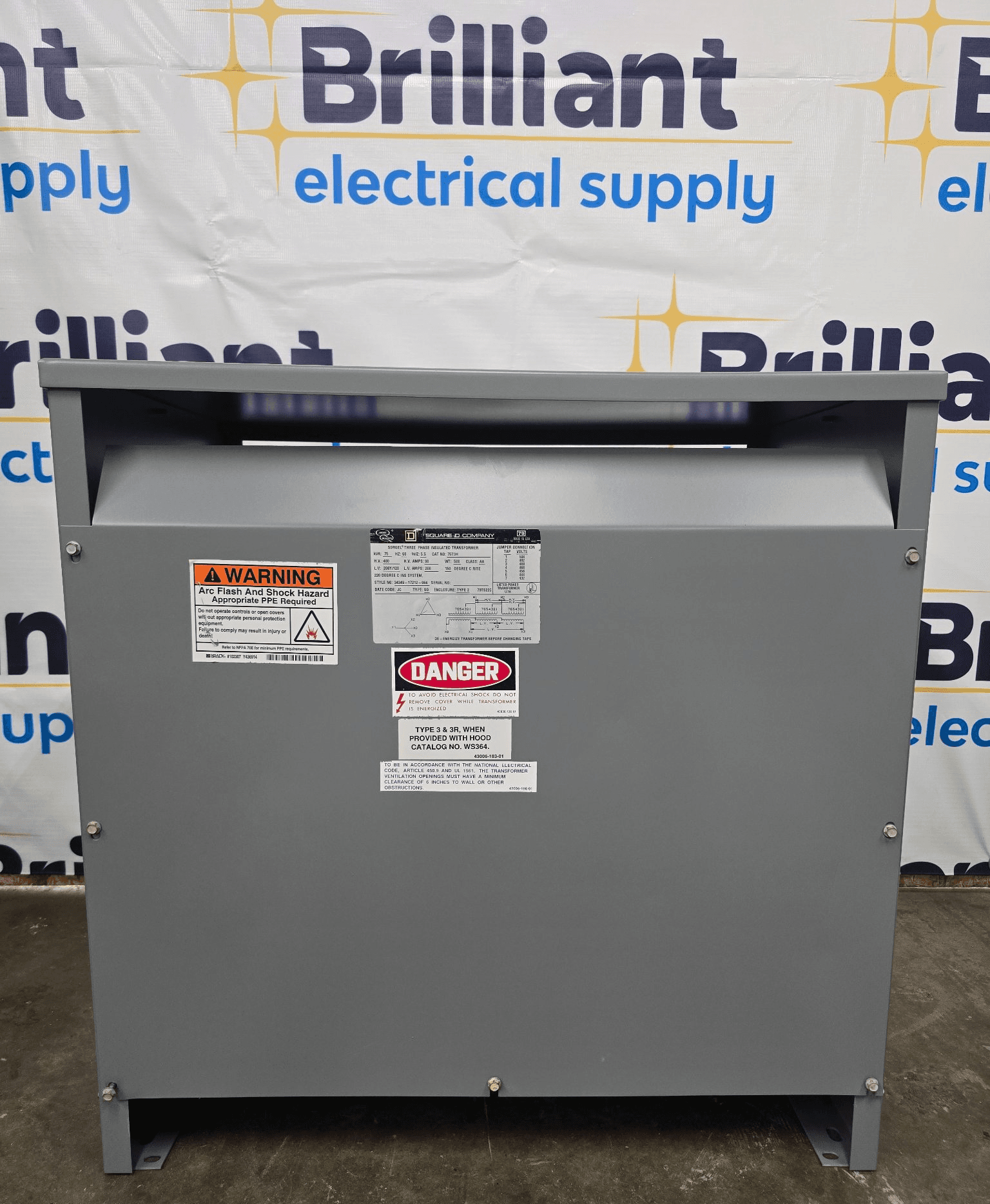 Square D 75T3H 75kVA Dry Type Transformer 480V/208-110V NEMA 1