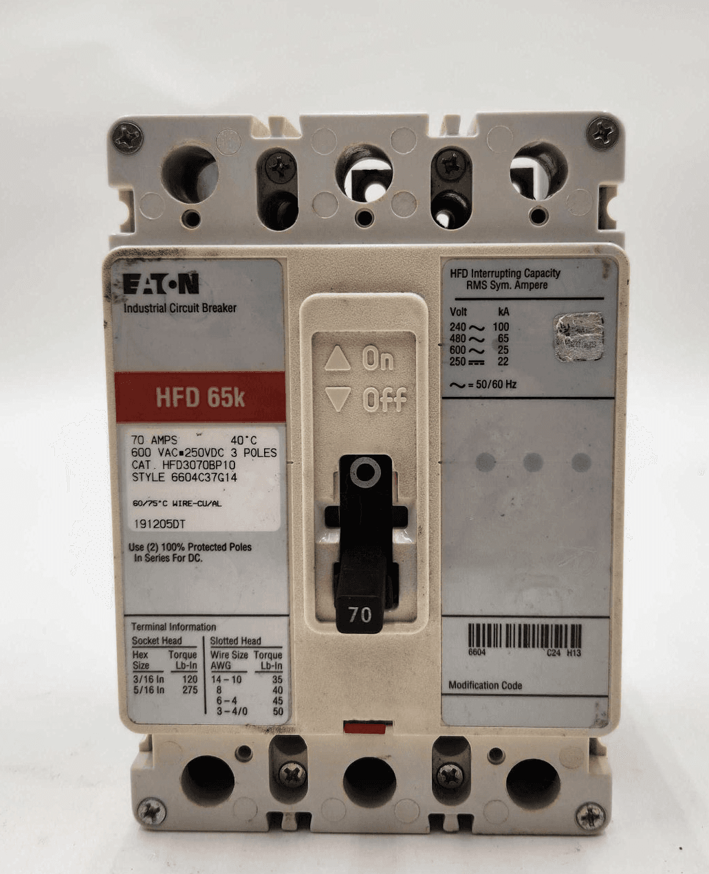 Eaton HFD3070BP10 Circuit Breaker 70A 600V 3P