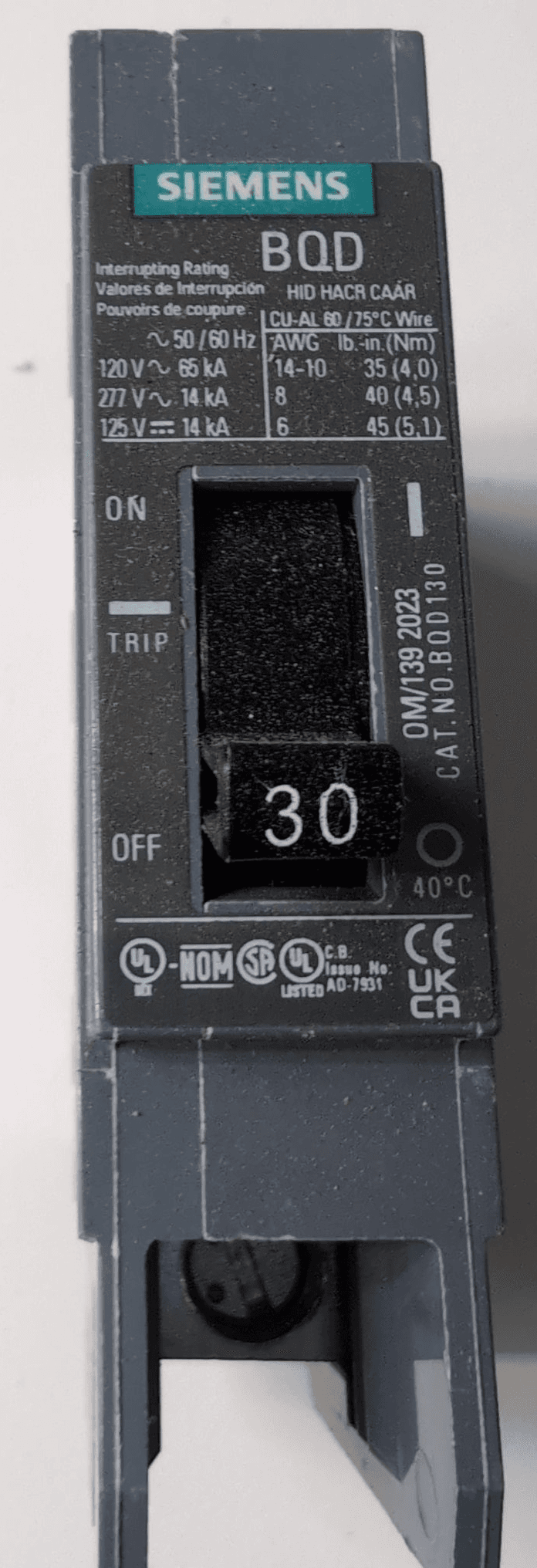 Siemens BQD130 Circuit Breaker 30A 277V 1 Pole – image 1
