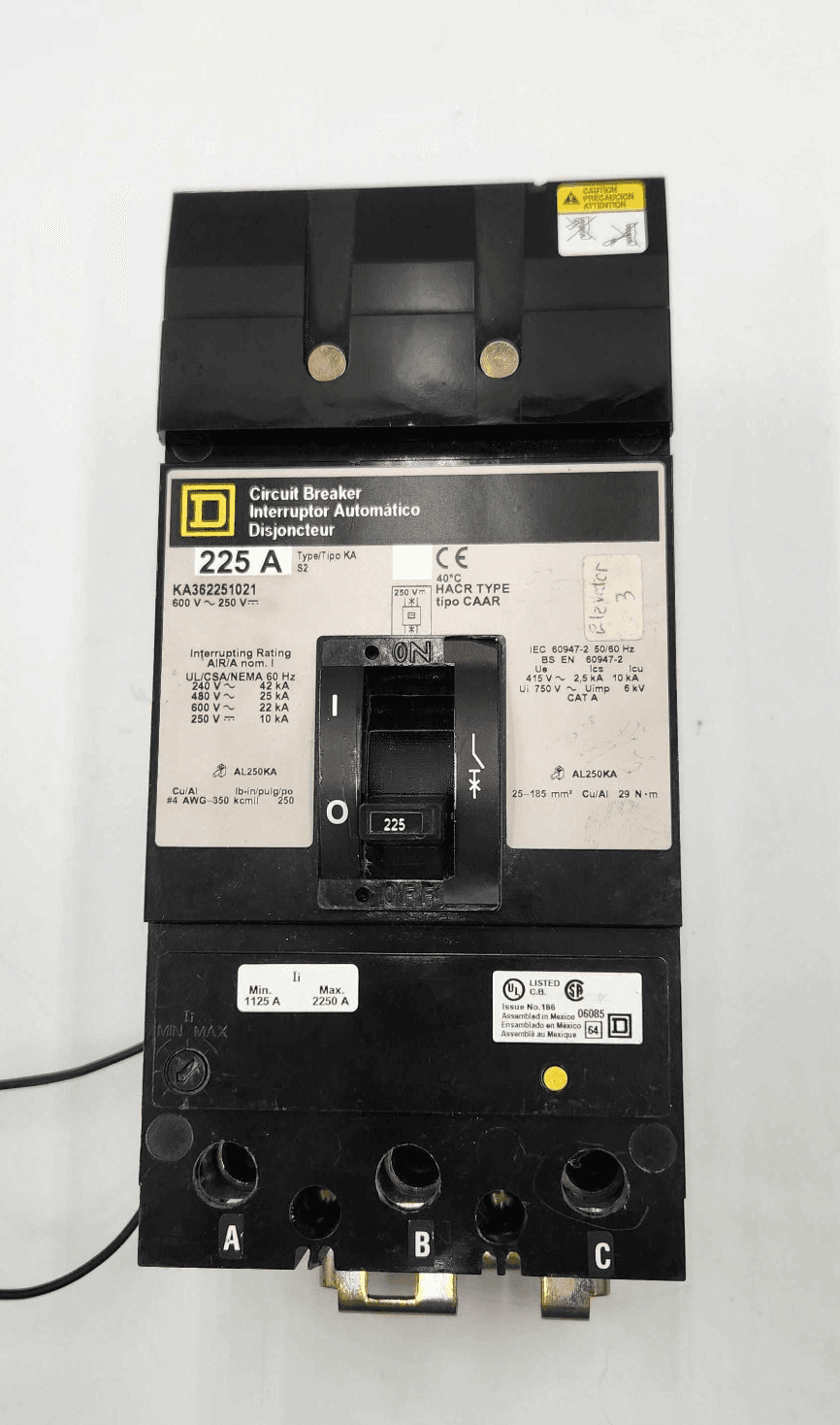 Square D KA362251021 Circuit Breaker 225A 600V 3P with Shunt Trip – image 1