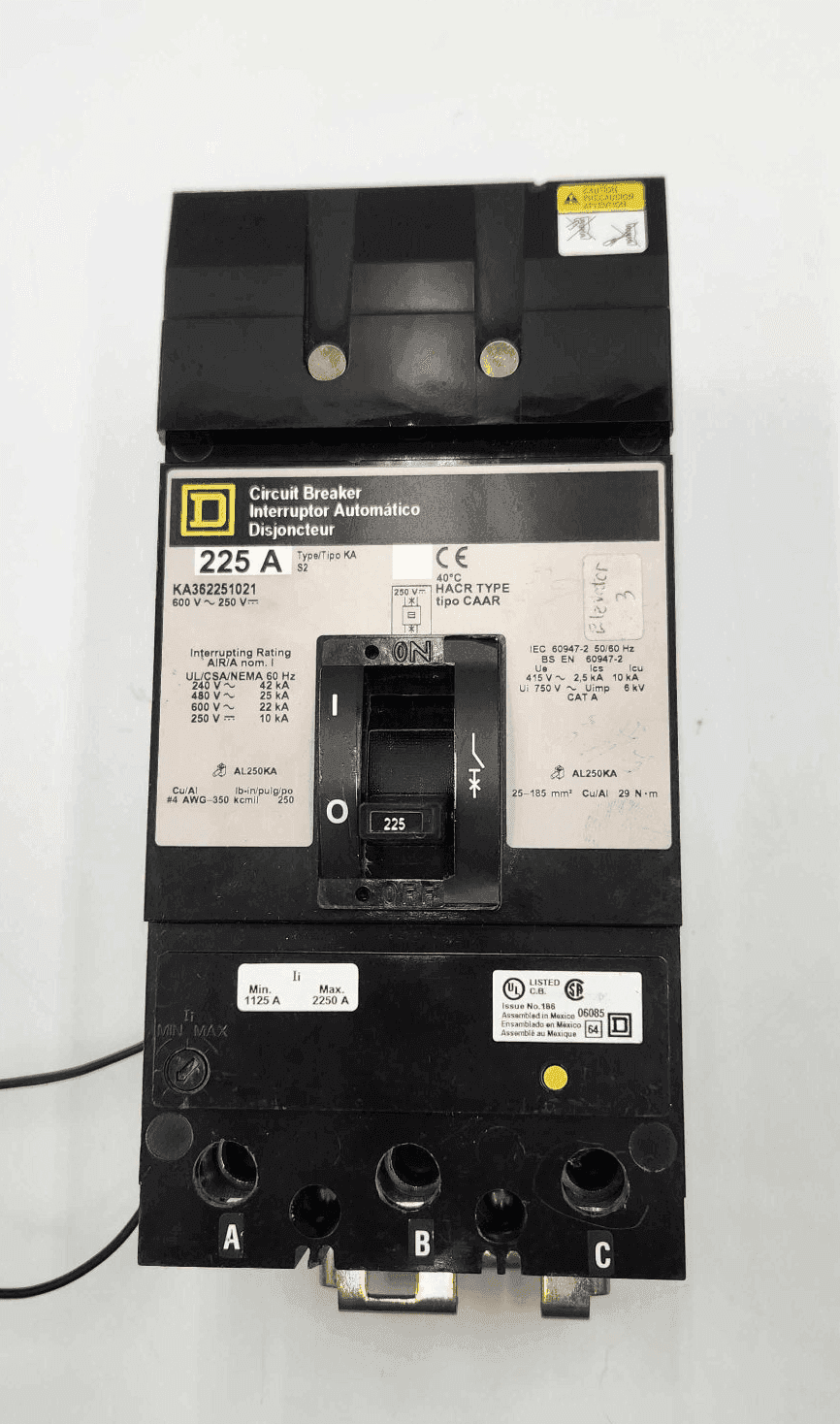Square D KA362251021 Circuit Breaker 225A 600V 3P with Shunt Trip