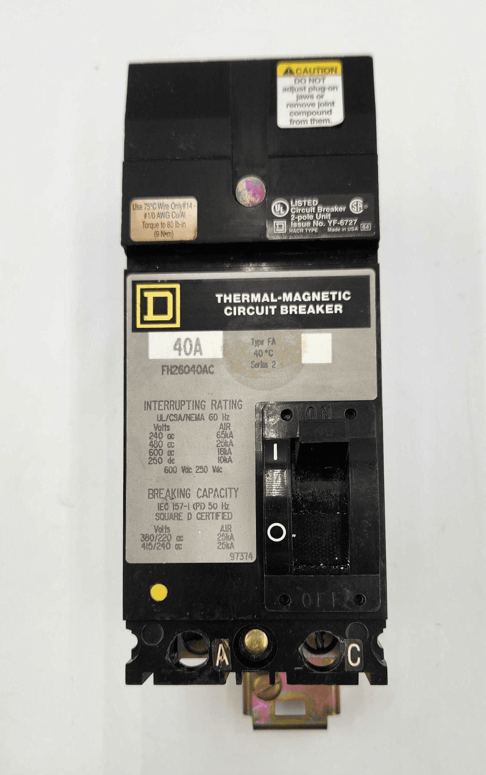 Square D FH26040AC I-Line Circuit Breaker 40A 600V 2 Pole – image 1