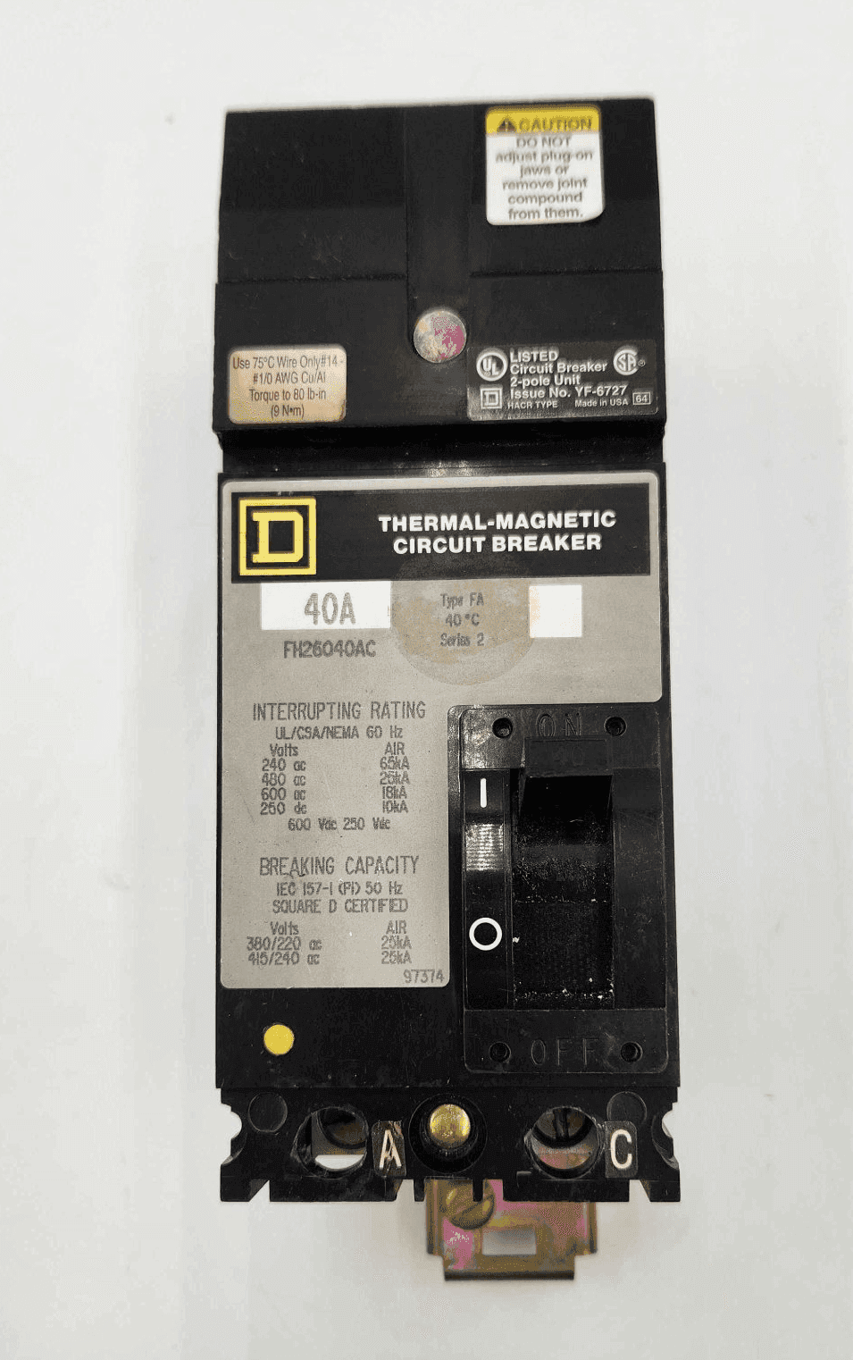 Square D FH26040AC I-Line Circuit Breaker 40A 600V 2 Pole