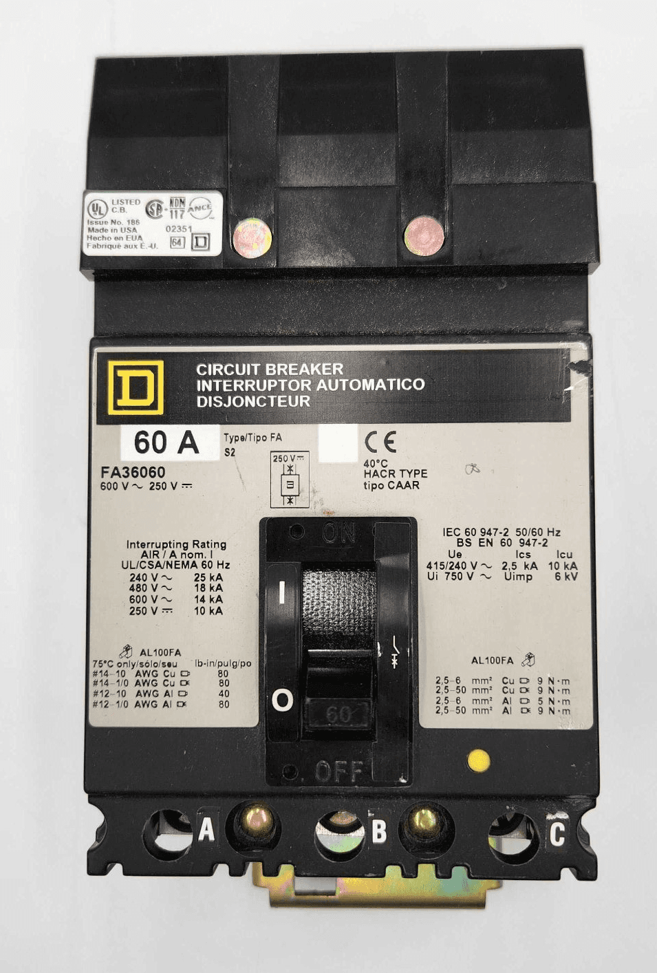 Square D FA36060 I-Line Circuit Breaker 60A 600V 3P