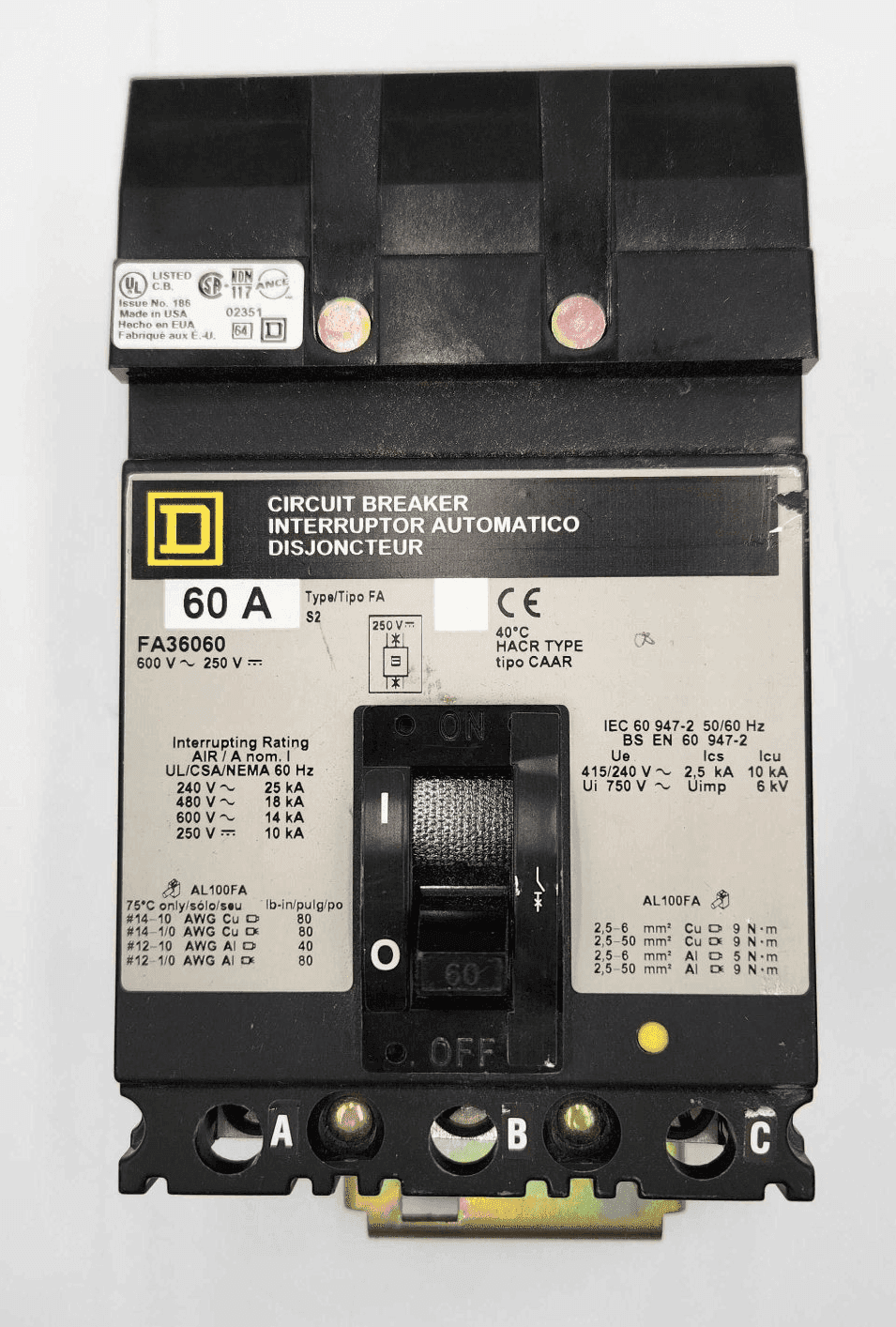 Square D FA36060 I-Line Circuit Breaker 60A 600V 3P