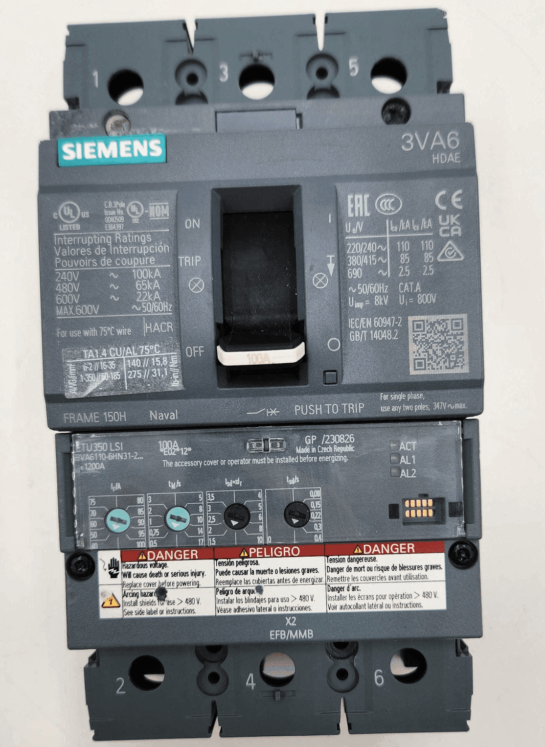 Siemens 3VA6110-6HN31-0AA06 Circuit Breaker 100A 600V 3P I-Line