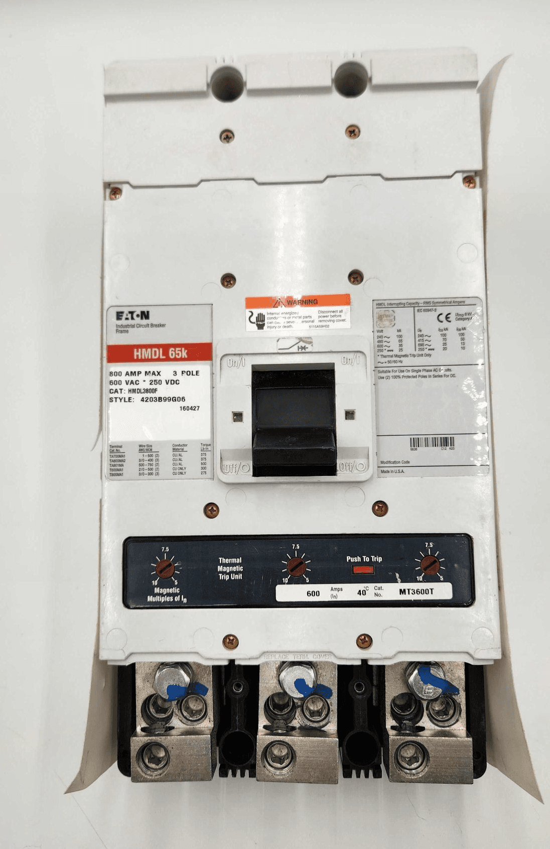 Eaton HMDL3800 Circuit Breaker 800A 600V 3P with 600A Trip Unit