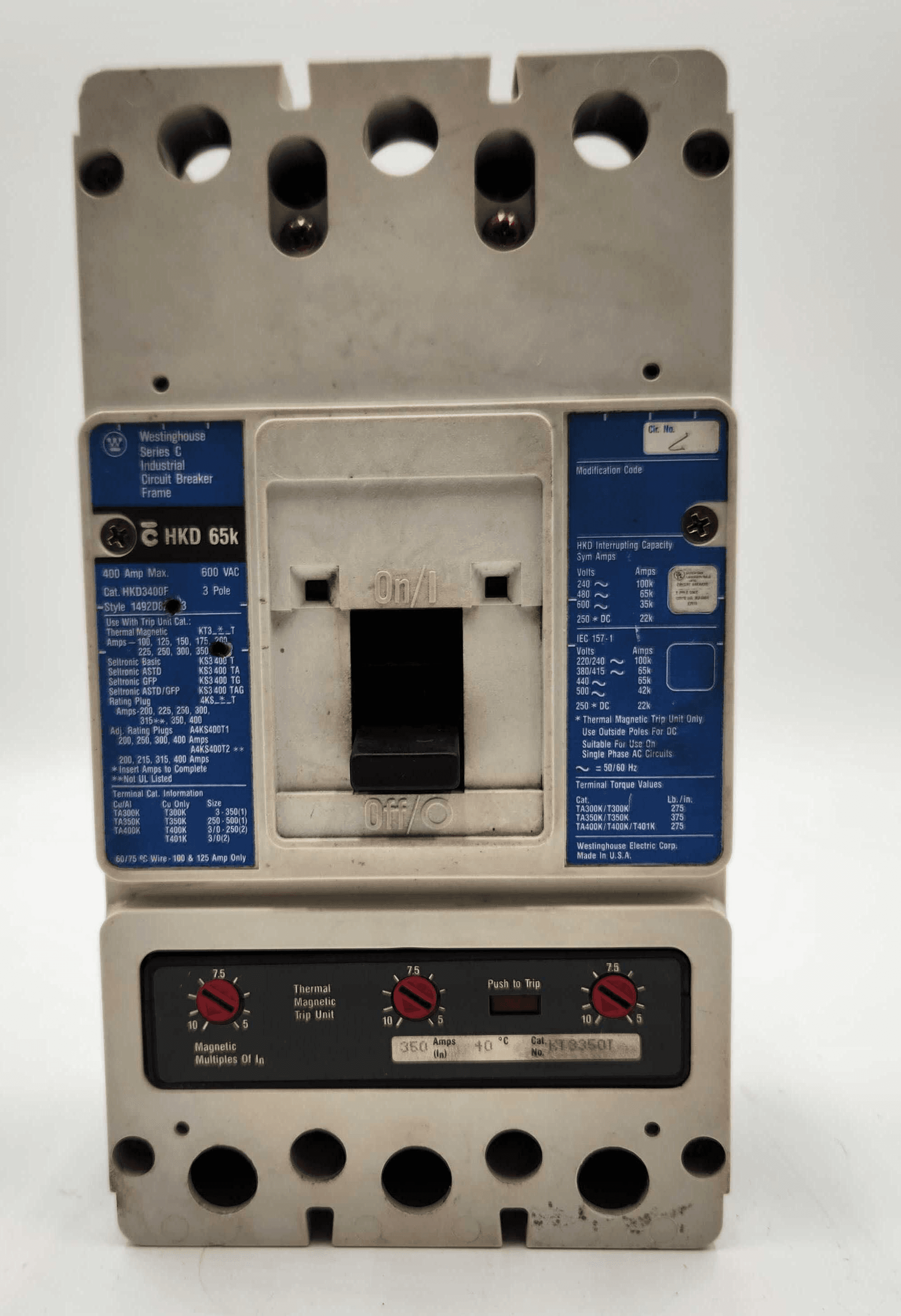 Westinghouse HKD3350 Circuit Breaker 400A 600V 3P with 350A Trip Unit