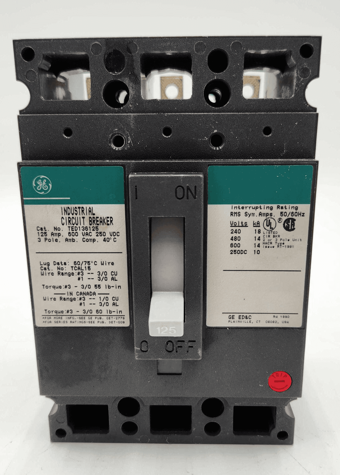 GE TED136125 Circuit Breaker 125A 600V 3 Pole
