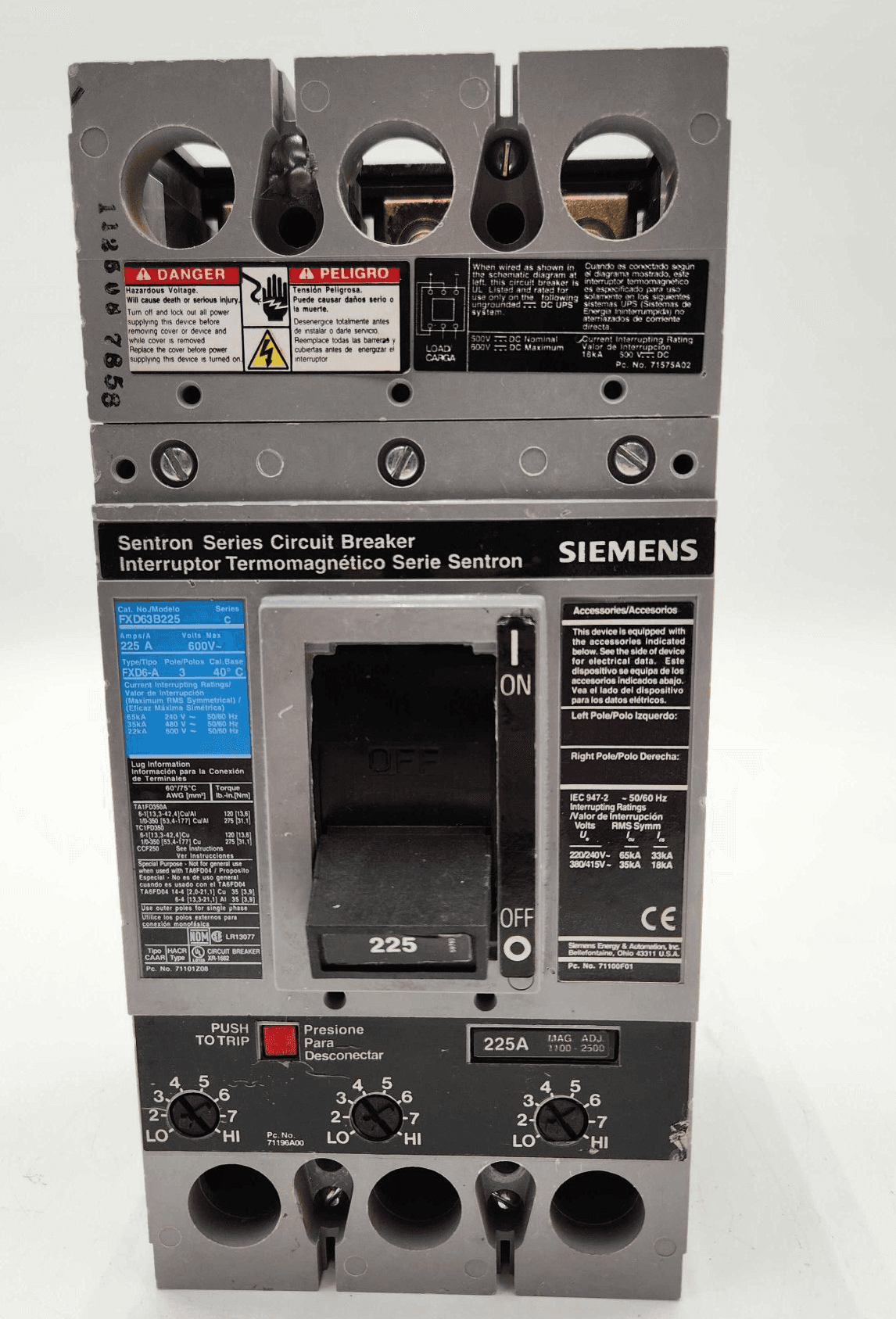 Siemens FXD63B225 Circuit Breaker 225A 600V 3 Pole