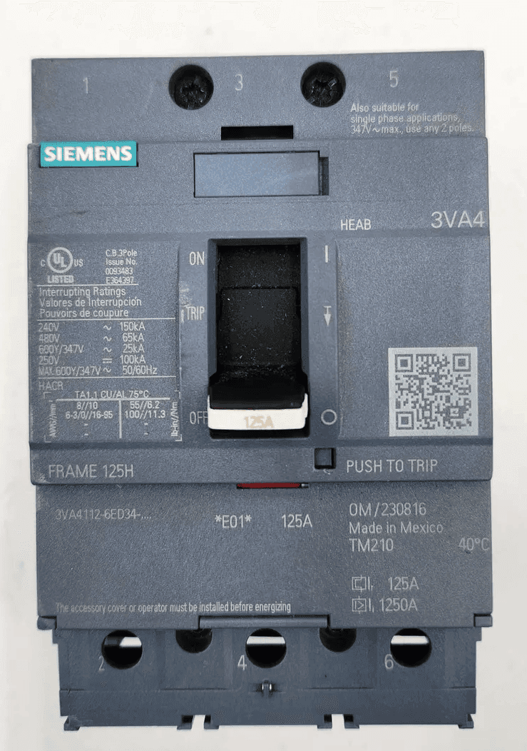 Siemens 3VA4112-6ED34-0AA0 Circuit Breaker 125A 600V 3P