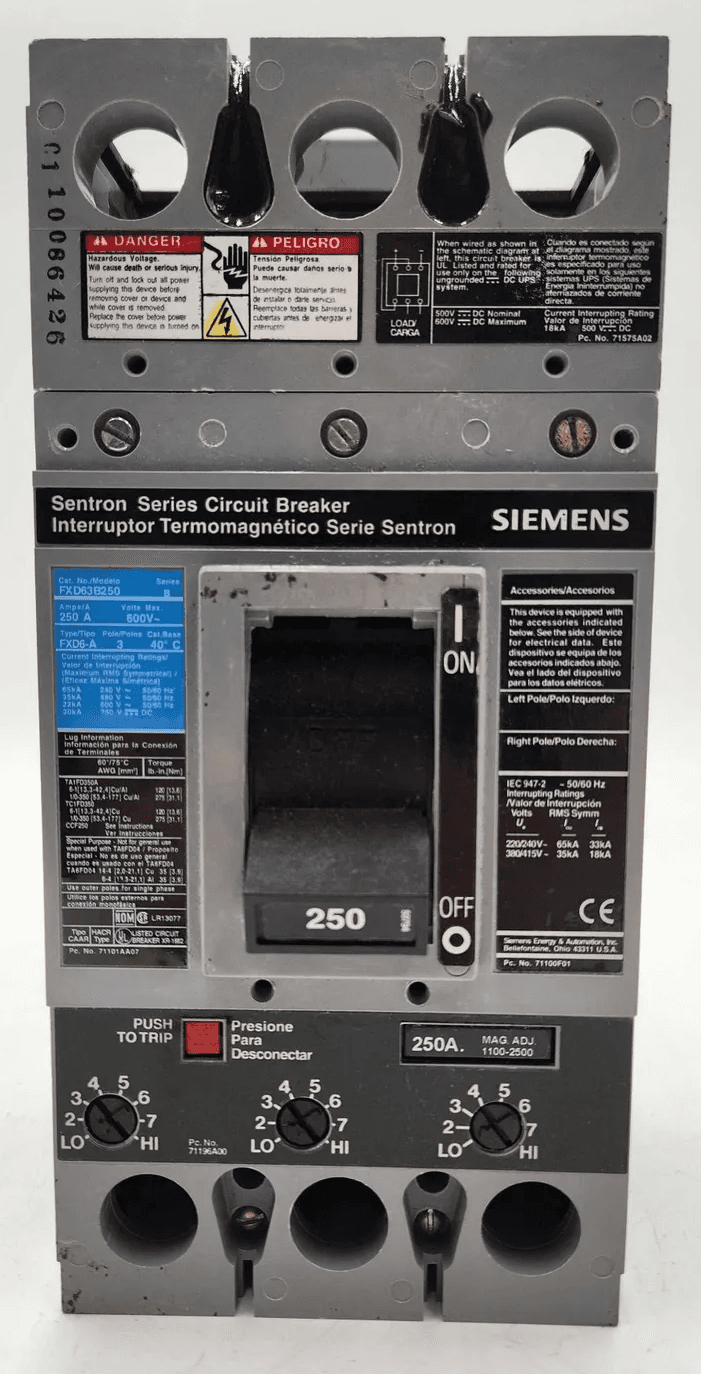 Siemens FXD63B250 Circuit Breaker 250A 600V 3P with 250A Trip Unit