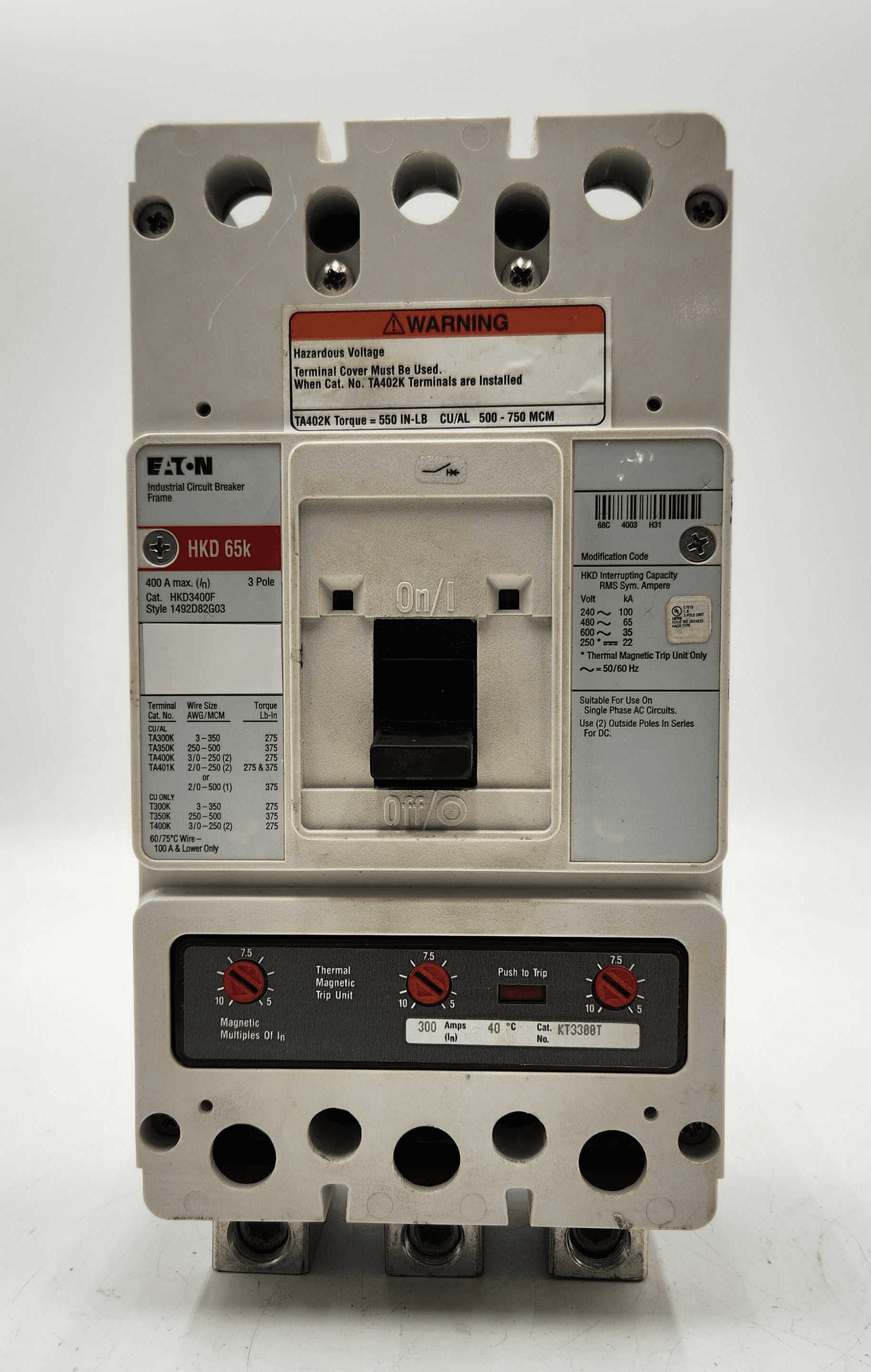 Eaton HKD3300 Circuit Breaker 300A 600V 3P with 400A Trip Unit