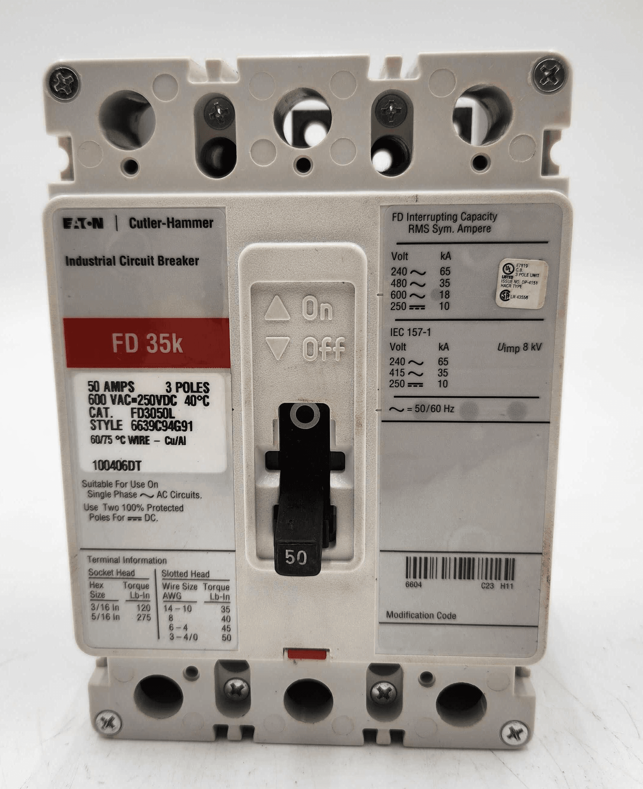 Eaton FD3050L Circuit Breaker 50A 600V 3P