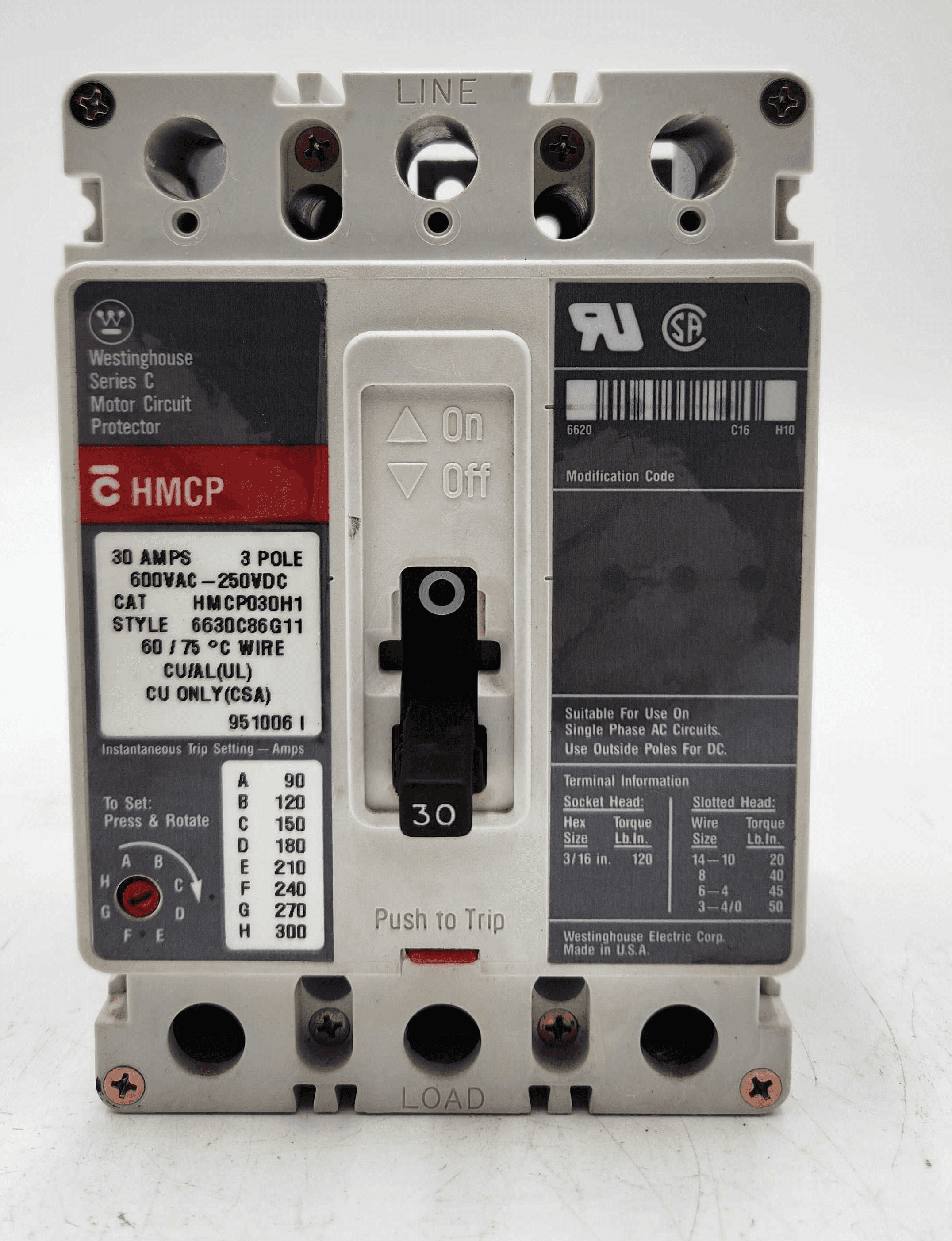 Eaton HMCP030H1C Circuit Breaker 30A 3P 600V 3PH HMCP 30 Amp 3Pole