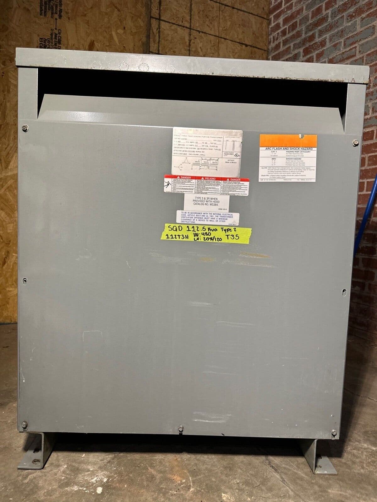 112.5KVA Sq D 112T3H Transformer HV 480V LV 208Y/120V 3PH 60Hz NEMA 1 3 Phase – image 1