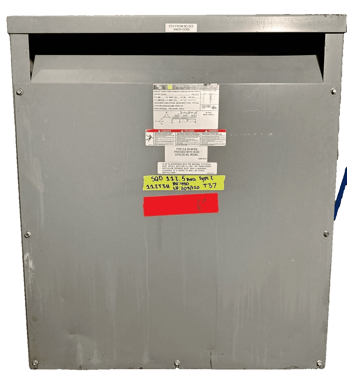 112.5KVA Square D 112T3H Transformer HV 480V LV 208Y/120V 3PH Indoor
