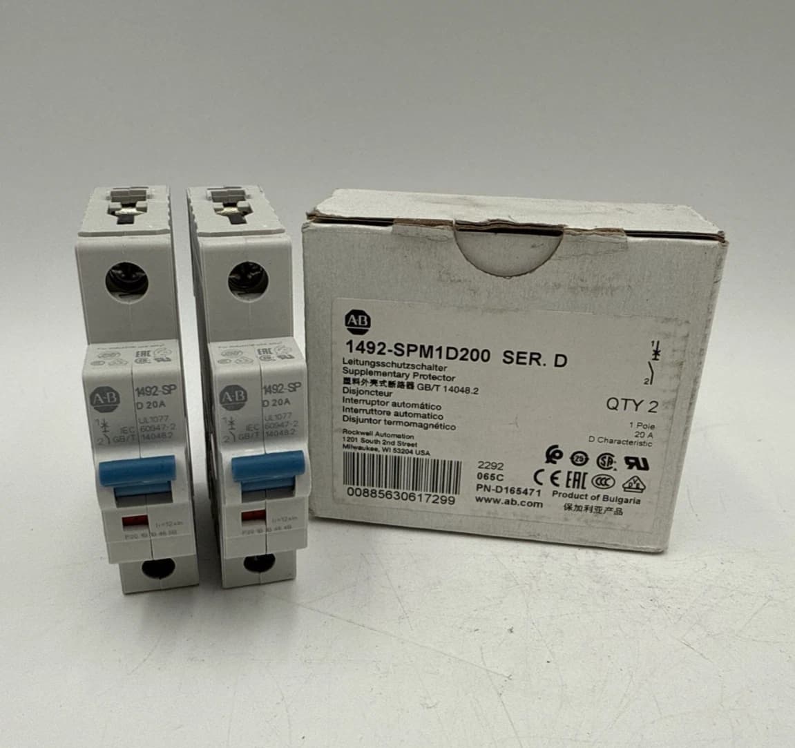 2PC Allen Bradley 1492-SPM1D200 Circuit Breaker 20A 1P 277V 1492-SP 20 Amp 1Pole – image 1