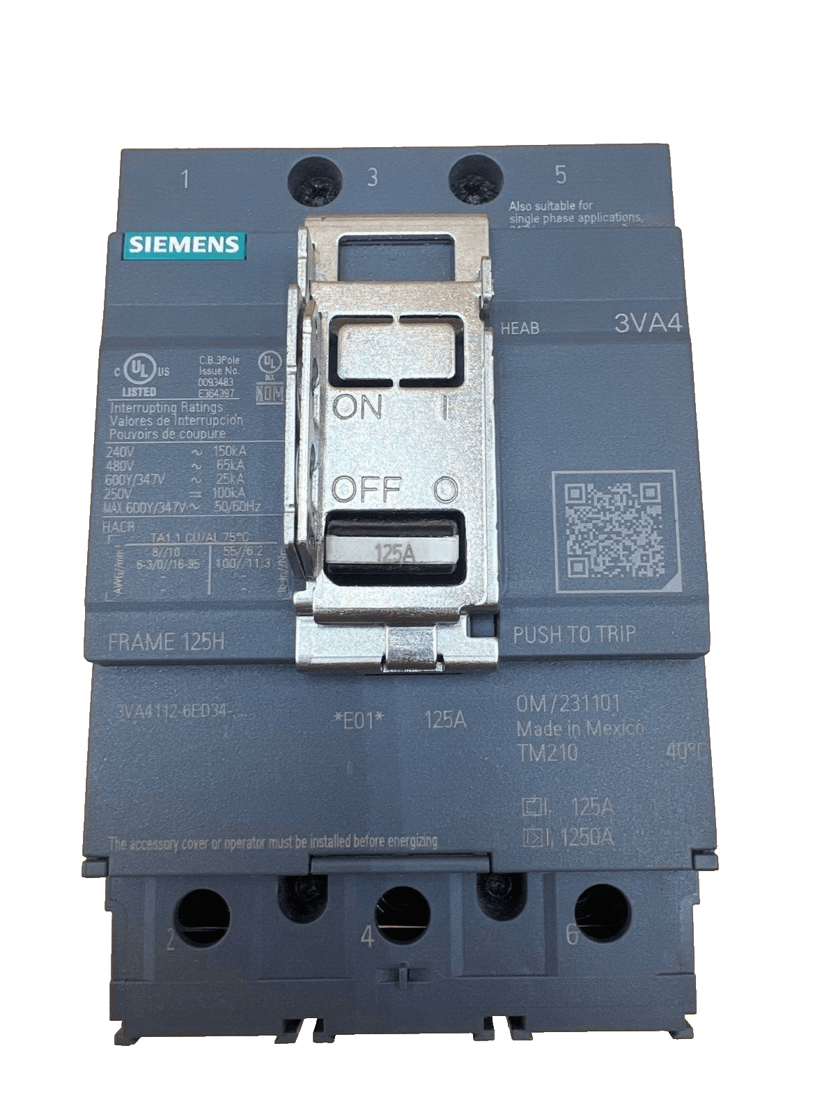 Siemens 3VA4112-6ED34-0AA0 Bolt On Circuit Breaker 125A 600V 3P 125 Amp 3 Pole – image 1