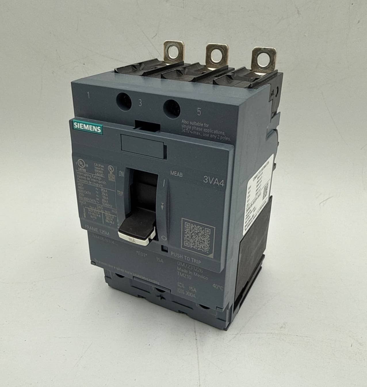Siemens 3VA4195-5ED34-0AA0 Circuit Breaker 15A 3P 600V 3VA4 15 Amp Frame 125M