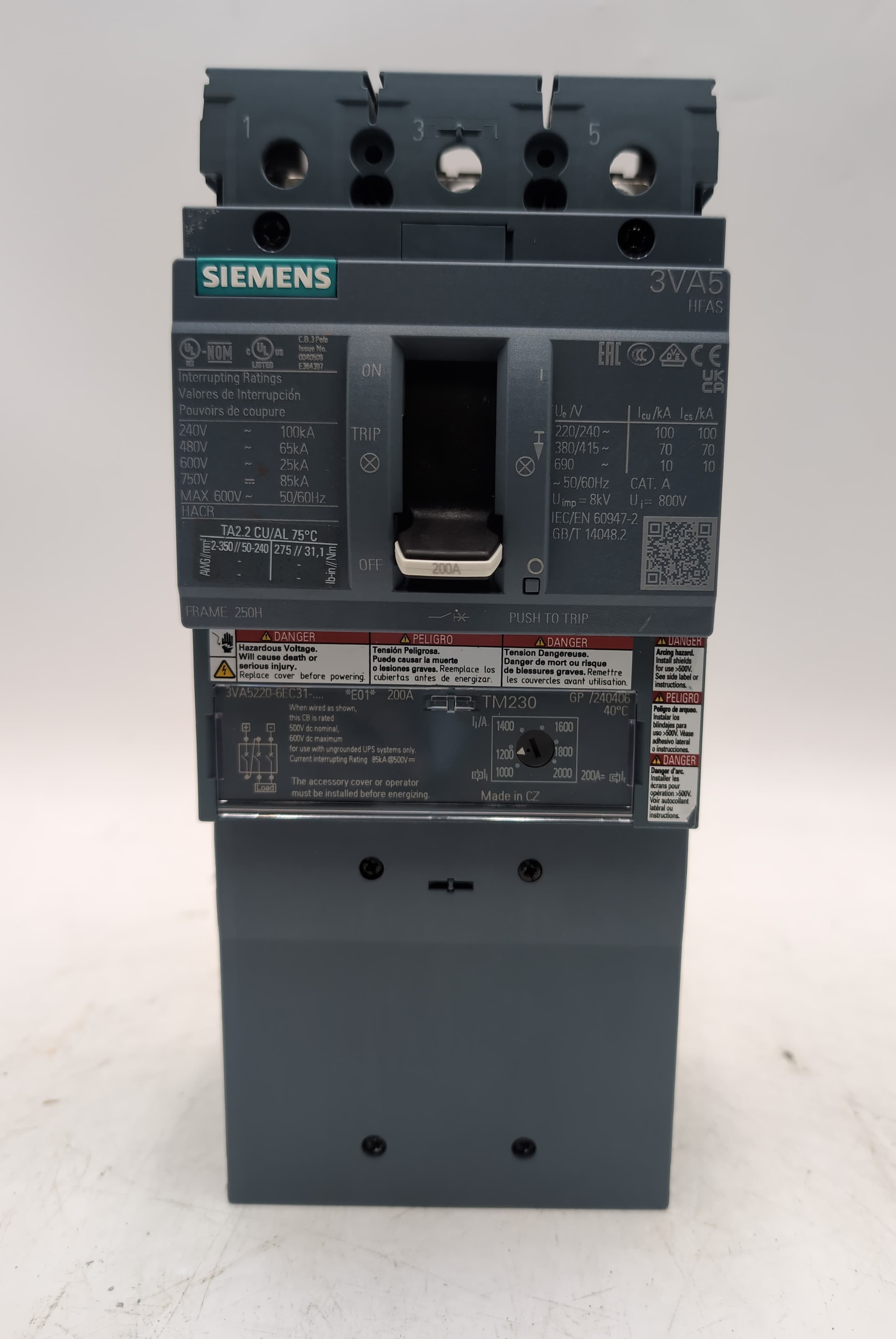 Siemens 3VA5220-6EC31-0AA0 200A 3P 600V 65kA MCCB Circuit Breaker USED – image 1