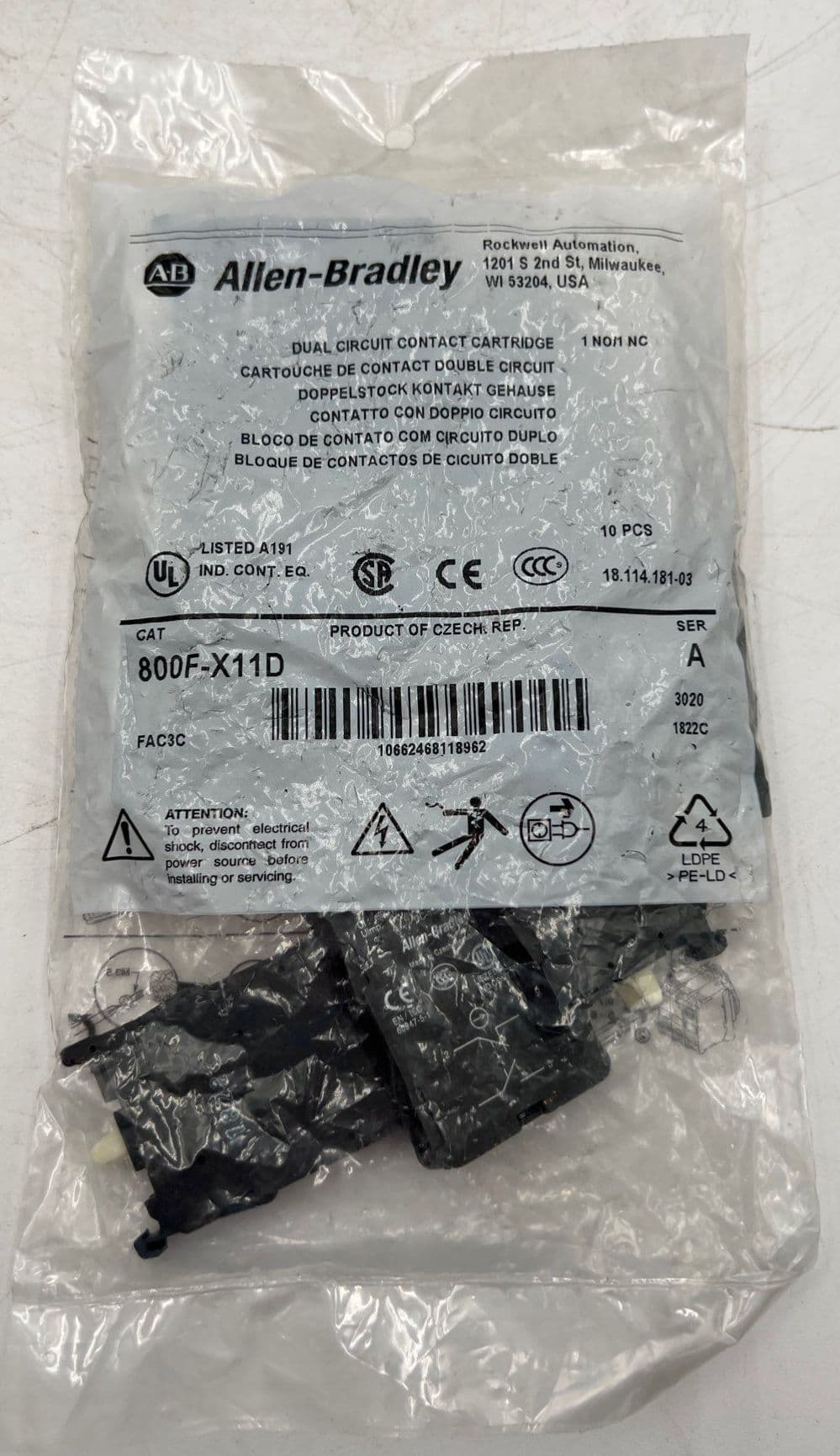 Allen‑Bradley 800F‑X11D 22 mm Contact Block 1 NO/1 NC Screw Dual‑Circuit 10pc – image 1