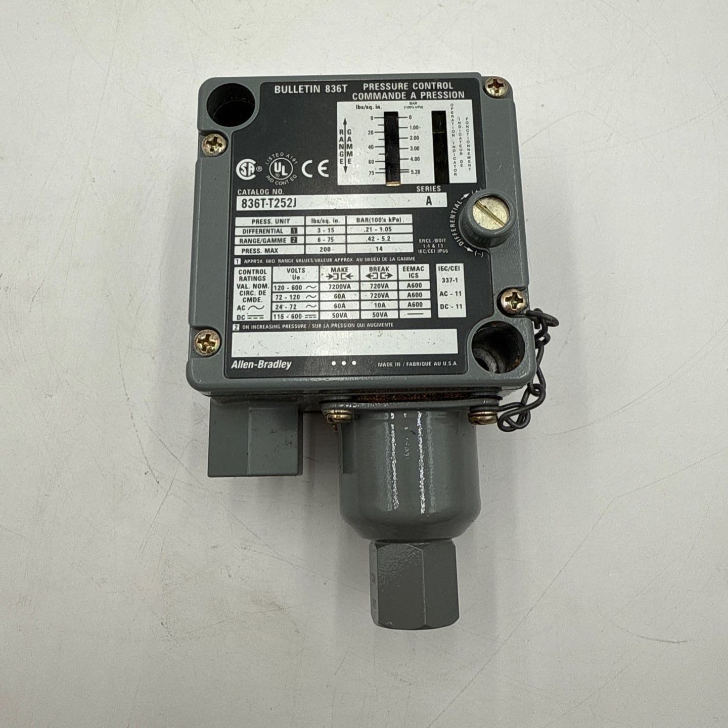 Allen Bradley 836T-T252J Pressure Switch Vacuum Control 200PSI MAX 6-75 PSI – image 1