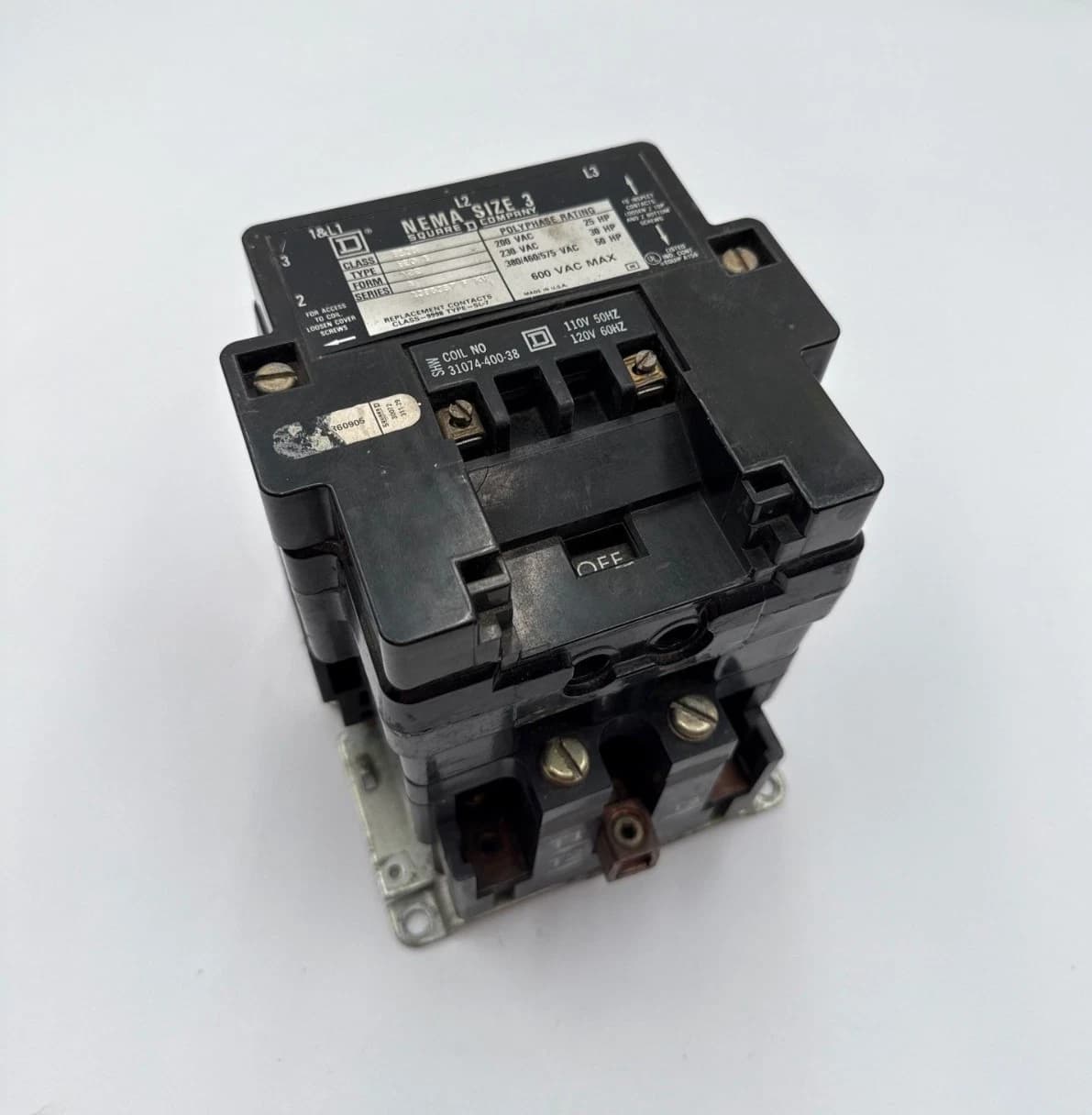 Sq D 8536SEO1S Y22 Contactor 90A 3P 600V NEMA Size 3 Coil 110/120V 31074-400-38 – image 1