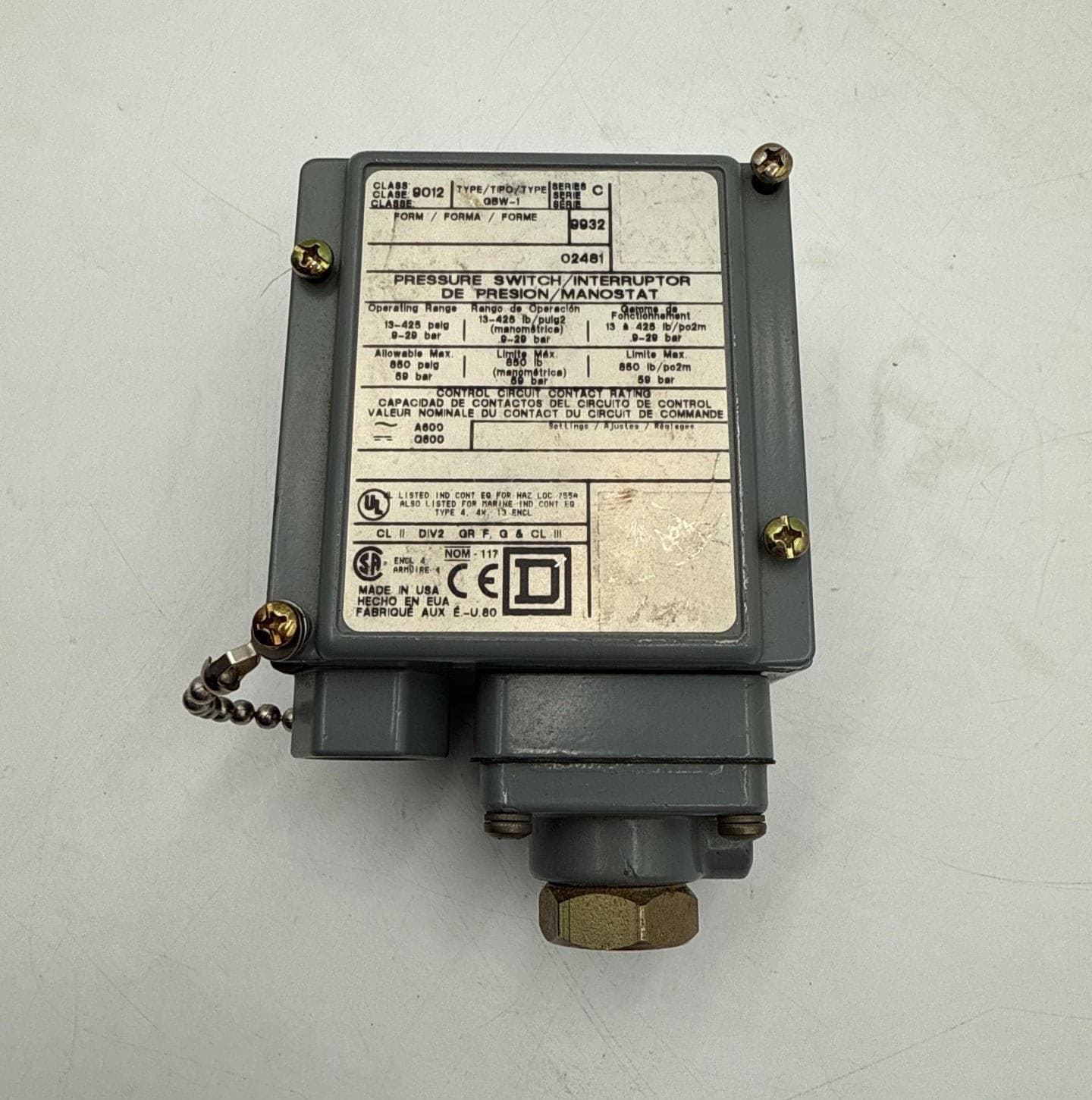 Square D 9012 GBW-1 Pressure Switch Adjustable 13-425 PSIG 120/240V 9012GBW1 – image 1