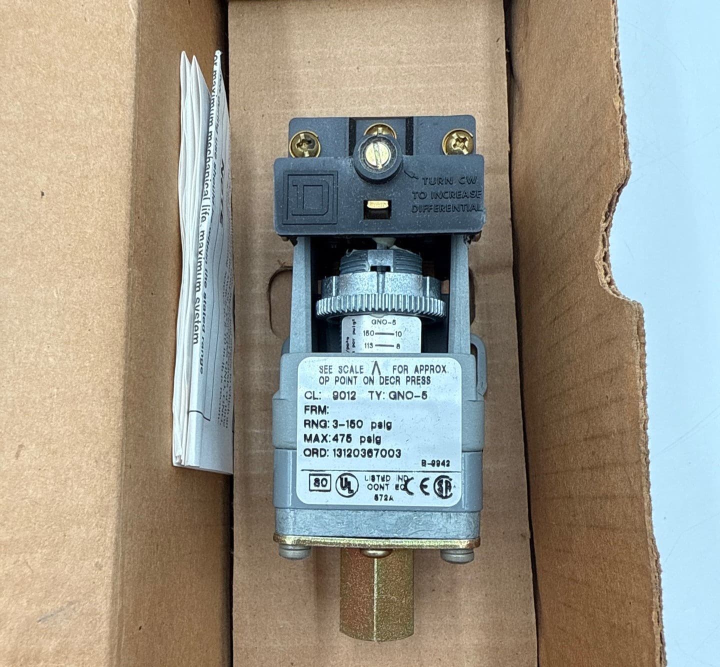 Square D 9012GNO5 Industrial Pressure Switch Class 9012 GNO-5 3-150PSIG – image 1