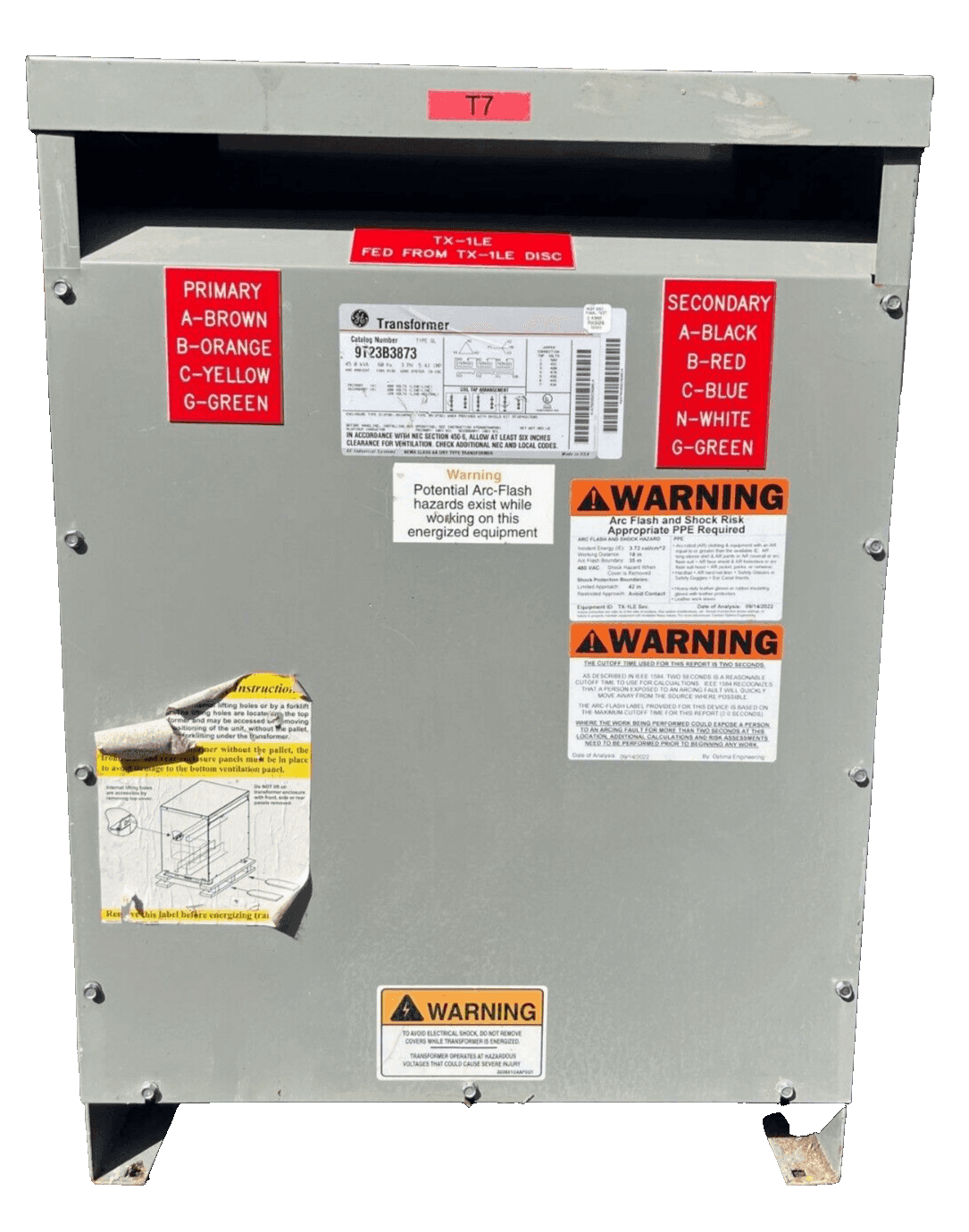 45KVA GE 9T23B3873 Transformer Pri 480V Sec 208/120V 3 Phase Indoor 3PH