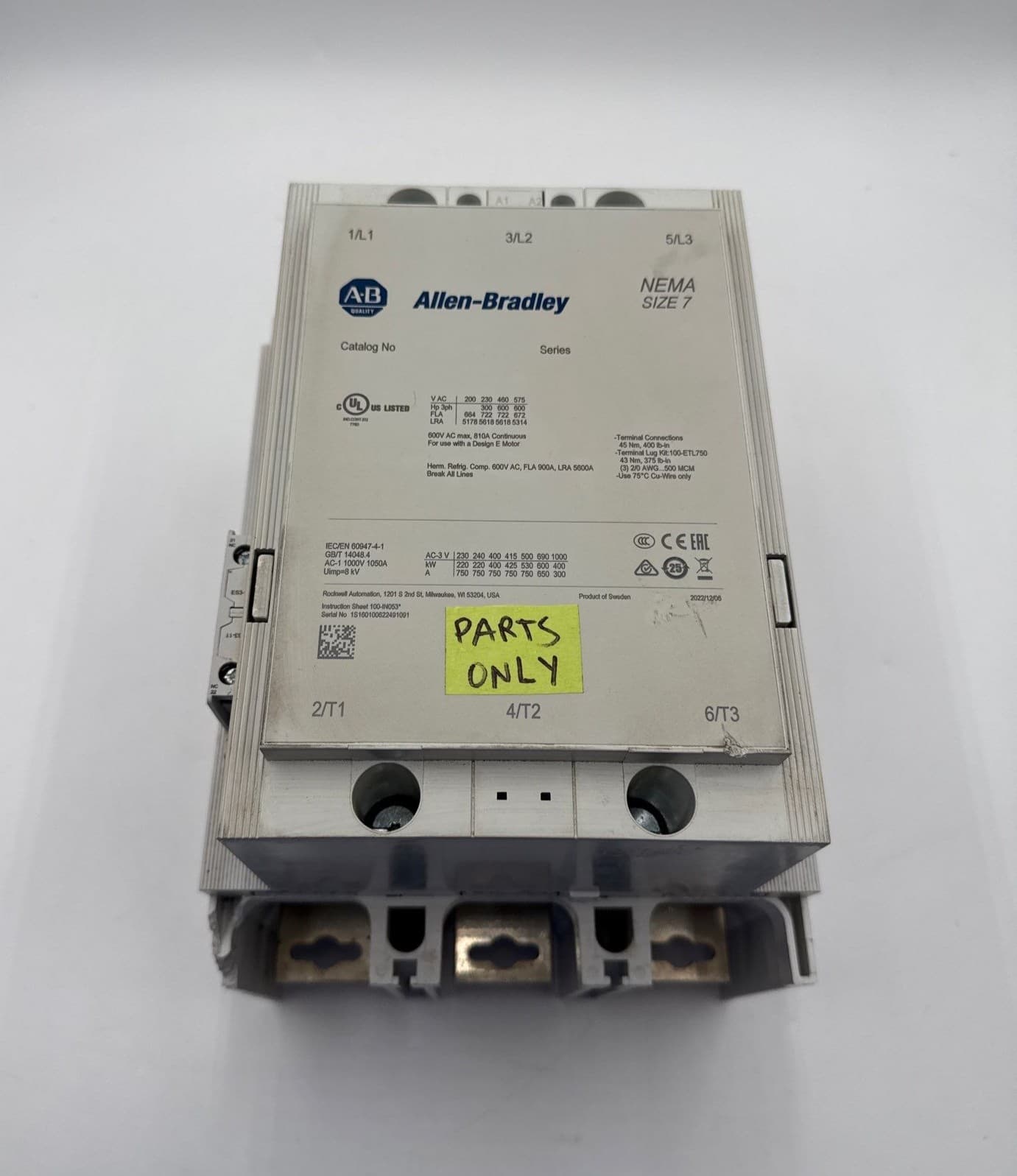 Allen Bradley NEMA Size 7 Contactor 810A 3P 600V Coil 100-250V FOR PARTS ONLY – image 1